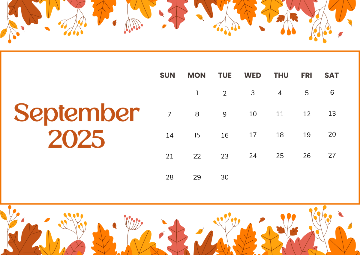 Free Autumn Leaves September 2025 Calendar to Edit Online