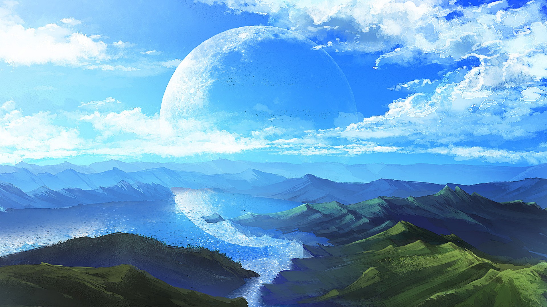 Anime Dreamscape: Serene Lake and Majestic Mountains under a Vast Sky HD Wallpaper