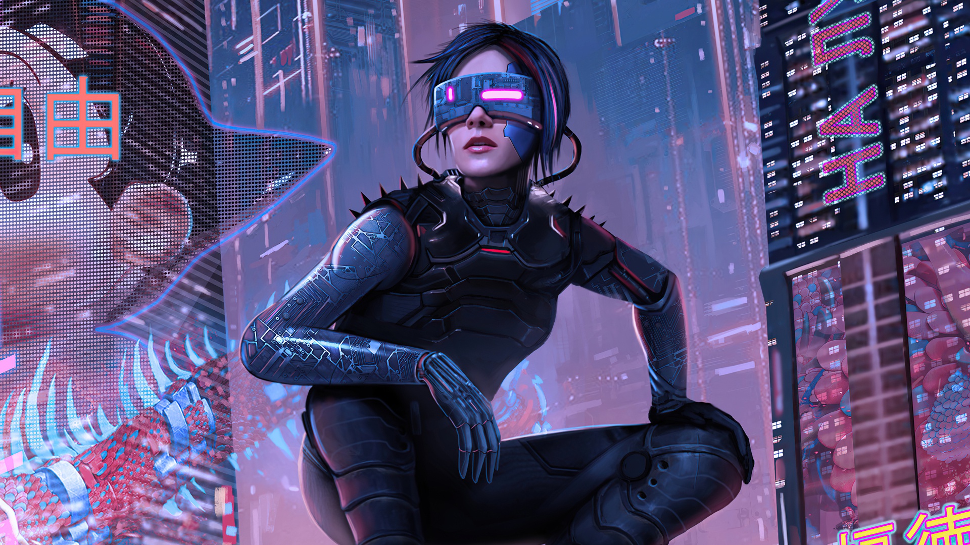 Wallpaper girl, future, the game, technology, skyscrapers, advertising, brunette, glasses for mobile and desktop, section игры, resolution 1920x1080