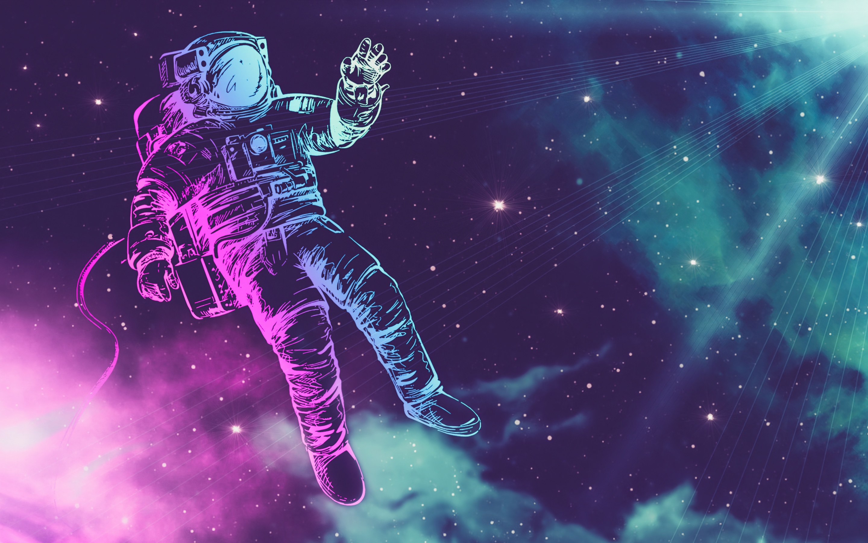 Astronaut Wallpaper 4K, Neon, Space suit, Stars, Light