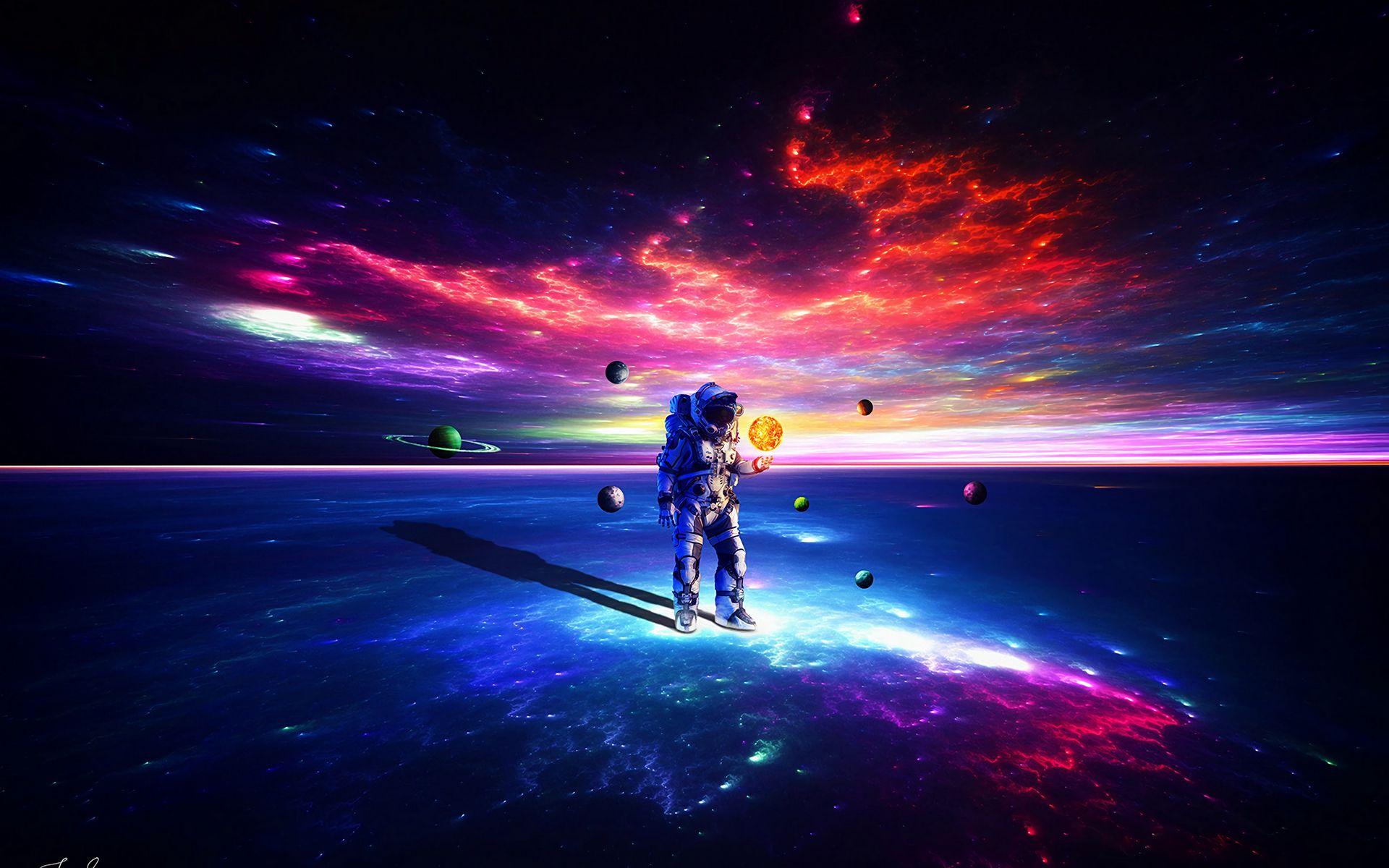 Download wallpaper 1920x1200 cosmonaut, astronaut, space suit, space, planets, colorful widescreen 16:10 HD background