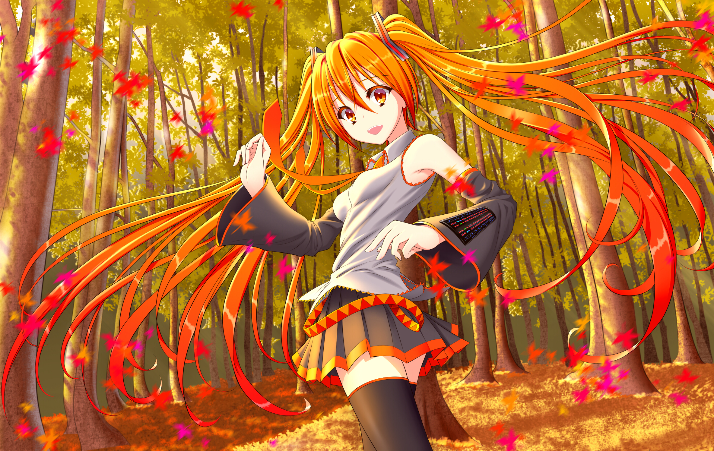 vocaloid, Autumn, Forest, Hatsune, Miku, Leaves, Long, Hair, Orange, Eyes, Orange, Hair, Oshou, Thighhighs, Tree, Twintails, Vocaloid, Zettai, Ryouiki Wallpaper HD / Desktop and Mobile Background