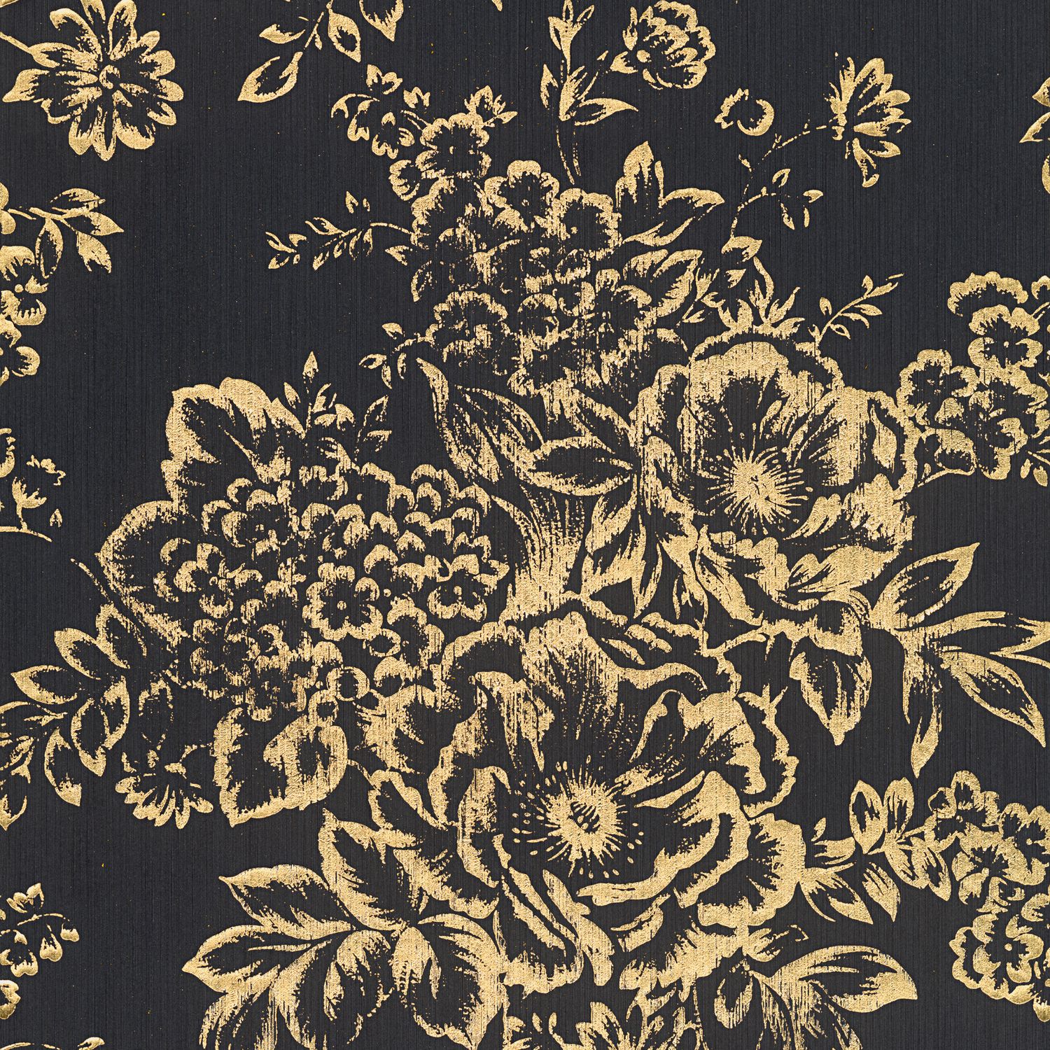 Flowers Wallcovering Wall Profhome 306577 GU Textile Wallpaper Textured With Floral Pattern Shiny Gold Black 5.33 M2 (57 Ft2)
