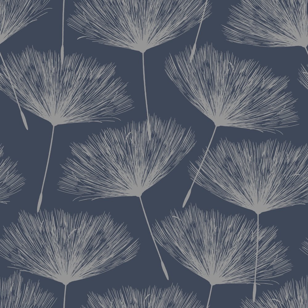 Holden Glistening Metallic Fleur Floral Dandelion Wallpaper Navy Blue Silver 12922