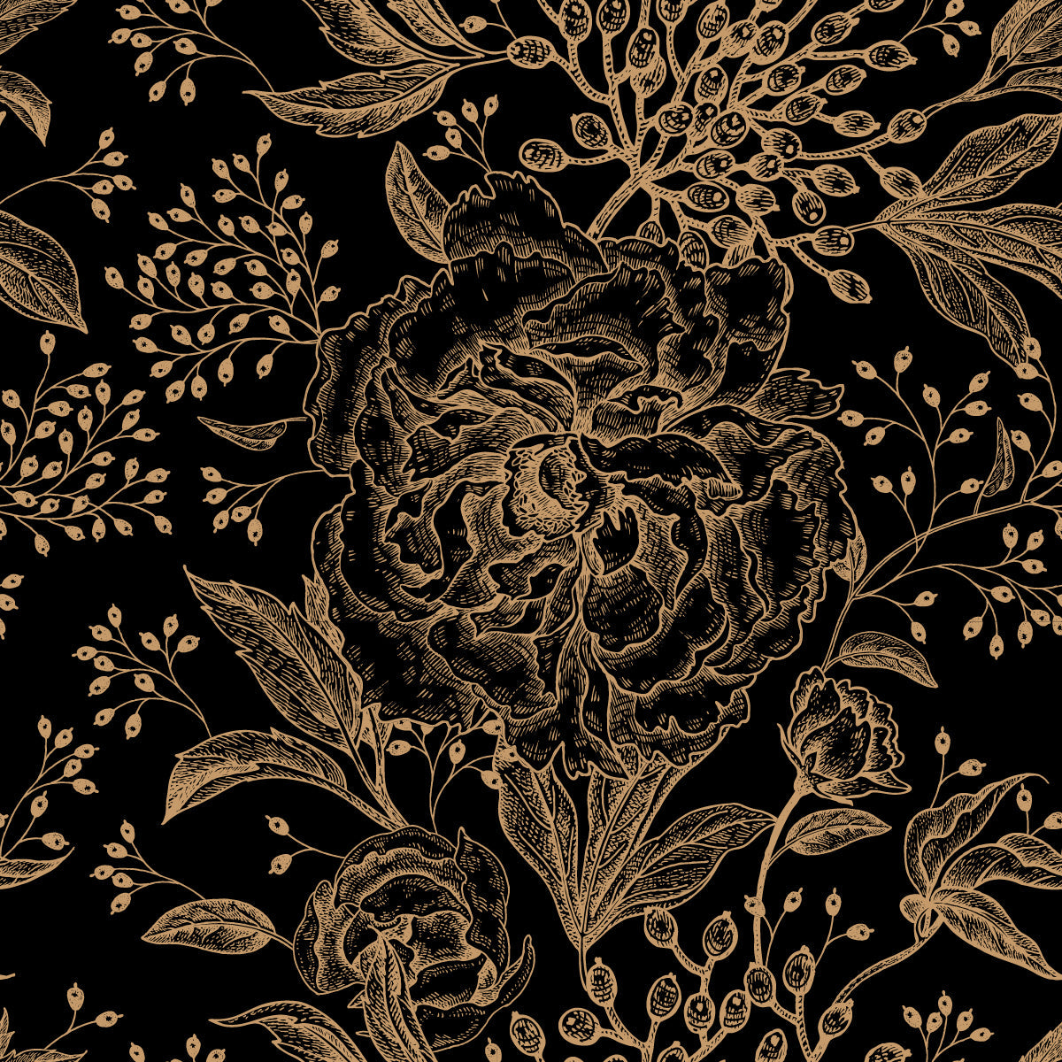 Gold Flowers on Black Background Wallpaper