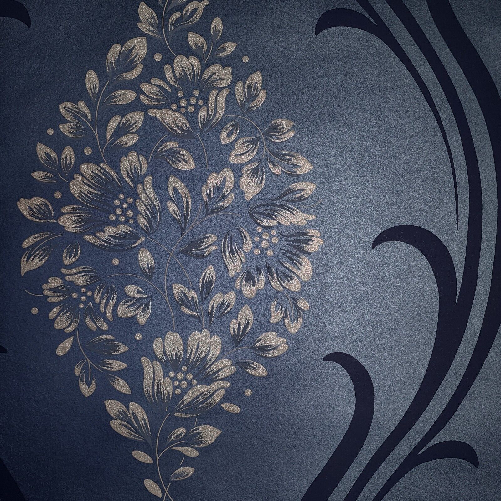 Navy dark blue metallic beige floral damask wave lines Victorian wallpaper roll