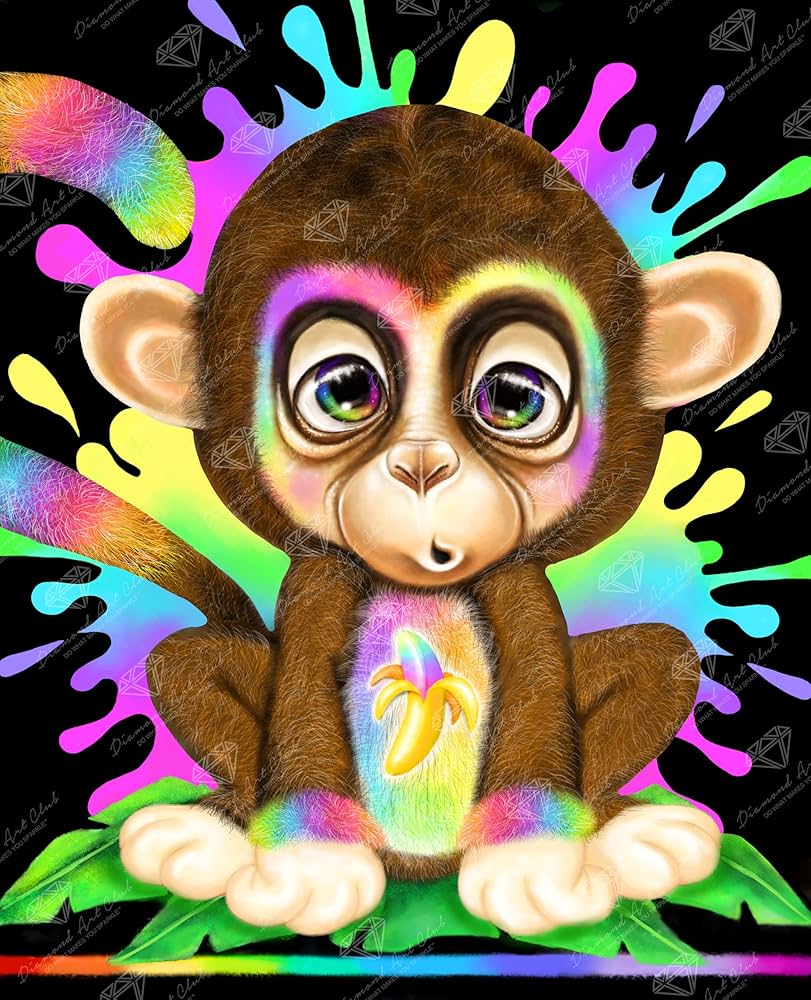 DIAMOND ART CLUB Rainbow Lil Monkey Diamond Painting Kit, Fun DIY Crafts for Adults, Round Diamond Art Canvas for Beginners, 13 x 16 (33cm x 40.7cm), Arts, Crafts & Sewing
