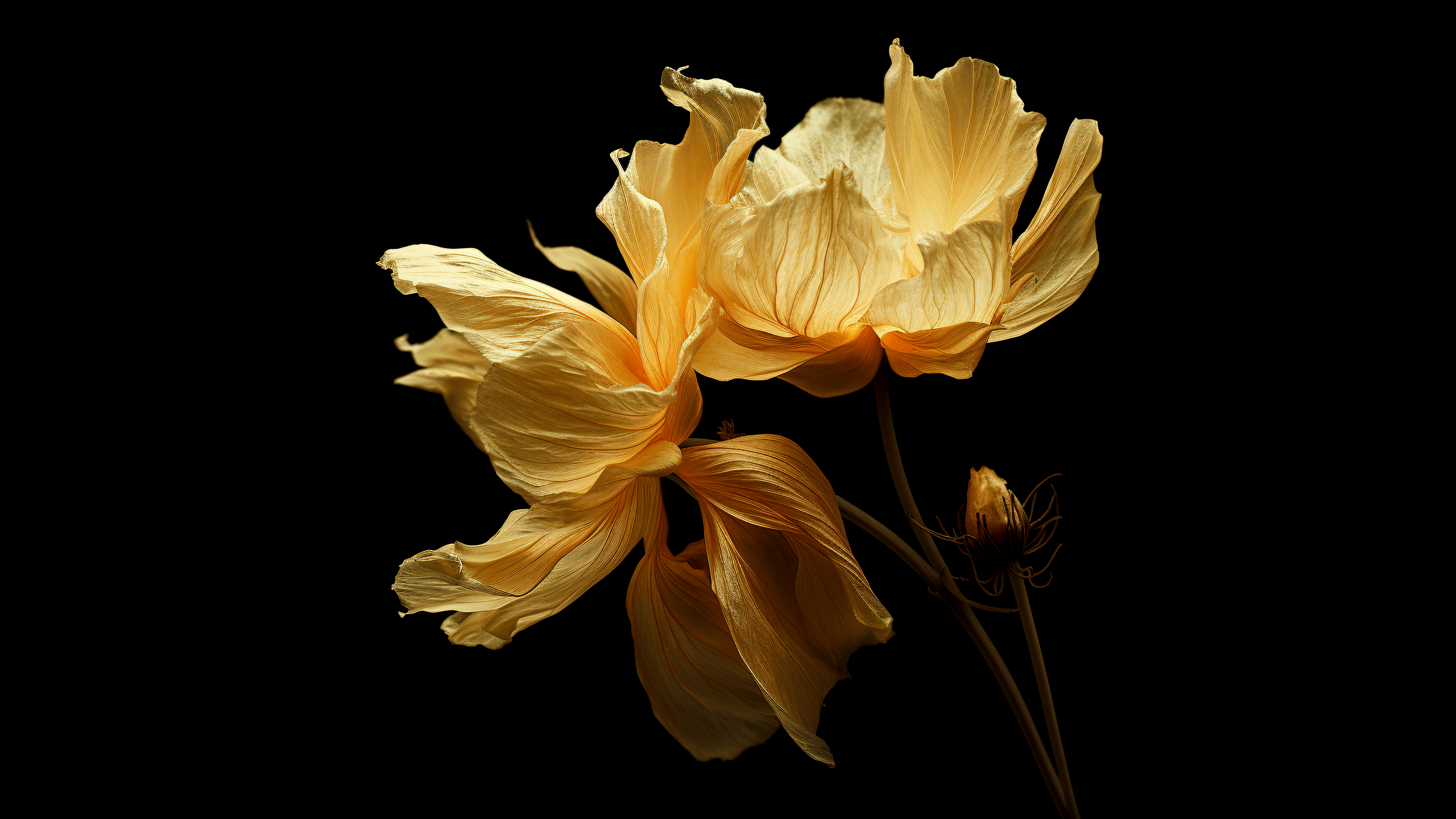 Yellow flowers Wallpaper 4K, Digital render, Black background