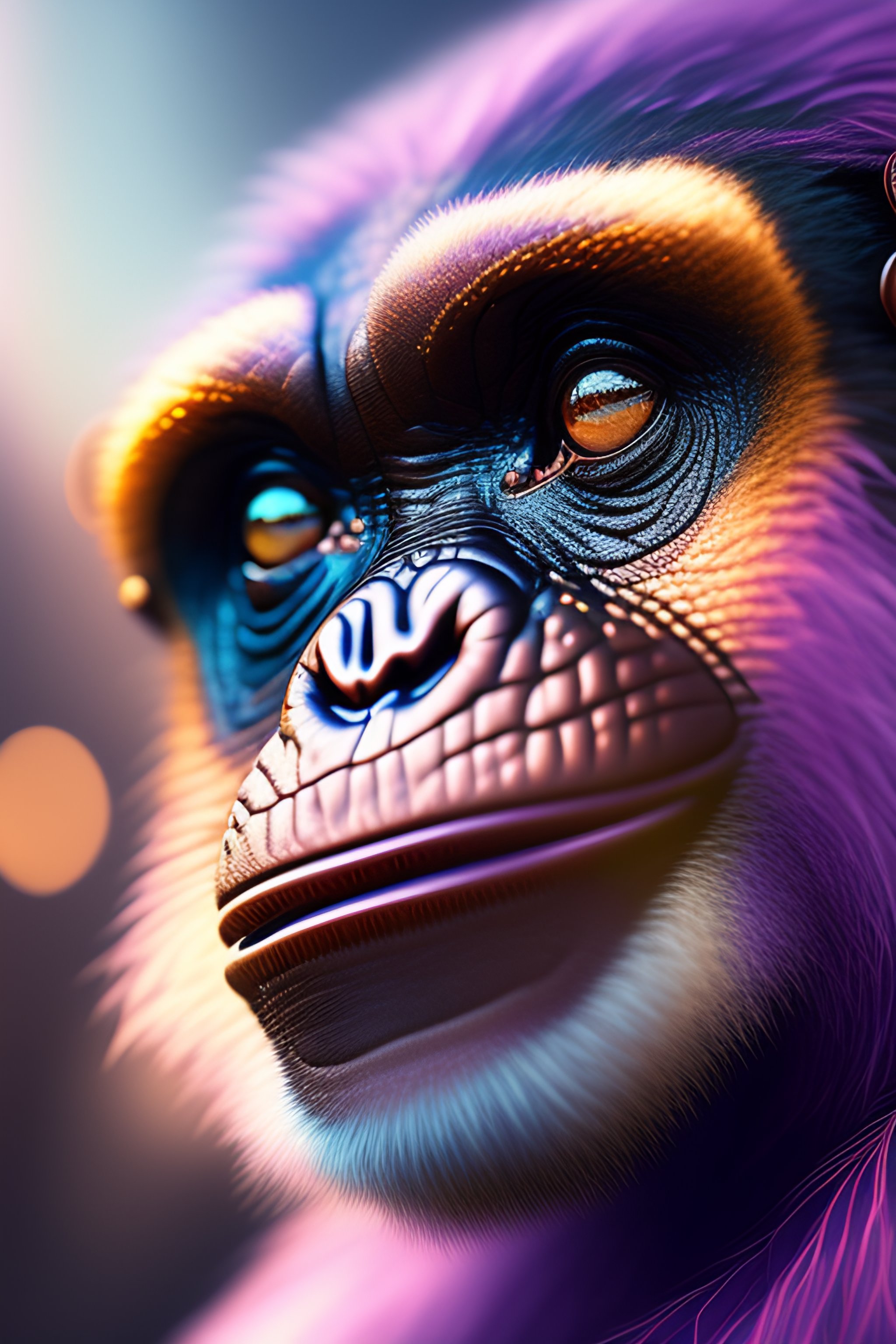 Ultra hd! realistic, chrome, pastel chimpanzee, soft feathers, pastel, dreamy, landscape, realistic, futuristic, sharp focus, octane render!