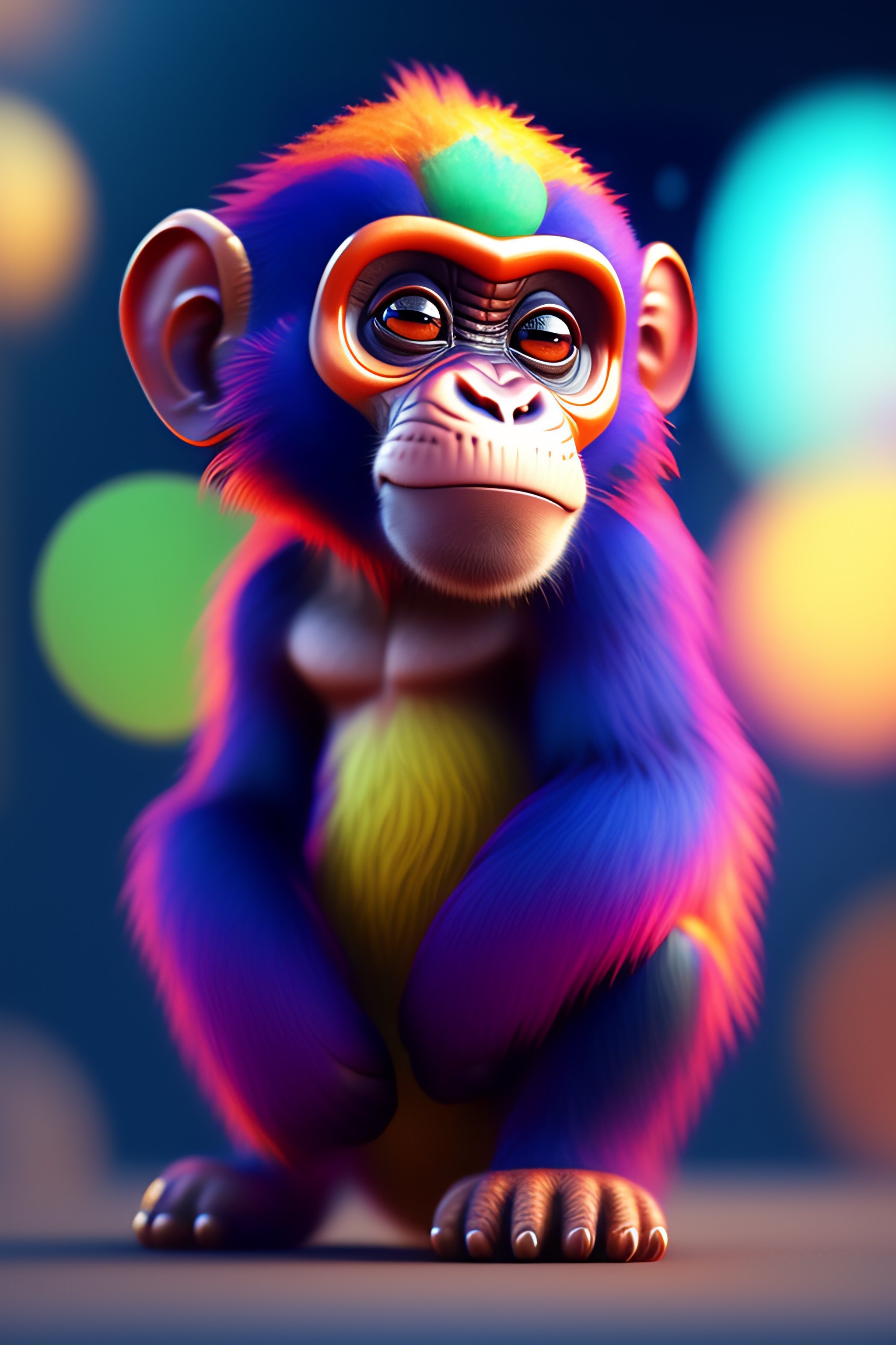 A cute monkey is in future, 3D, 8K, 3D render, 3D rendered character, colorful background, vibrant colors, maya, blender, Octane render, hig