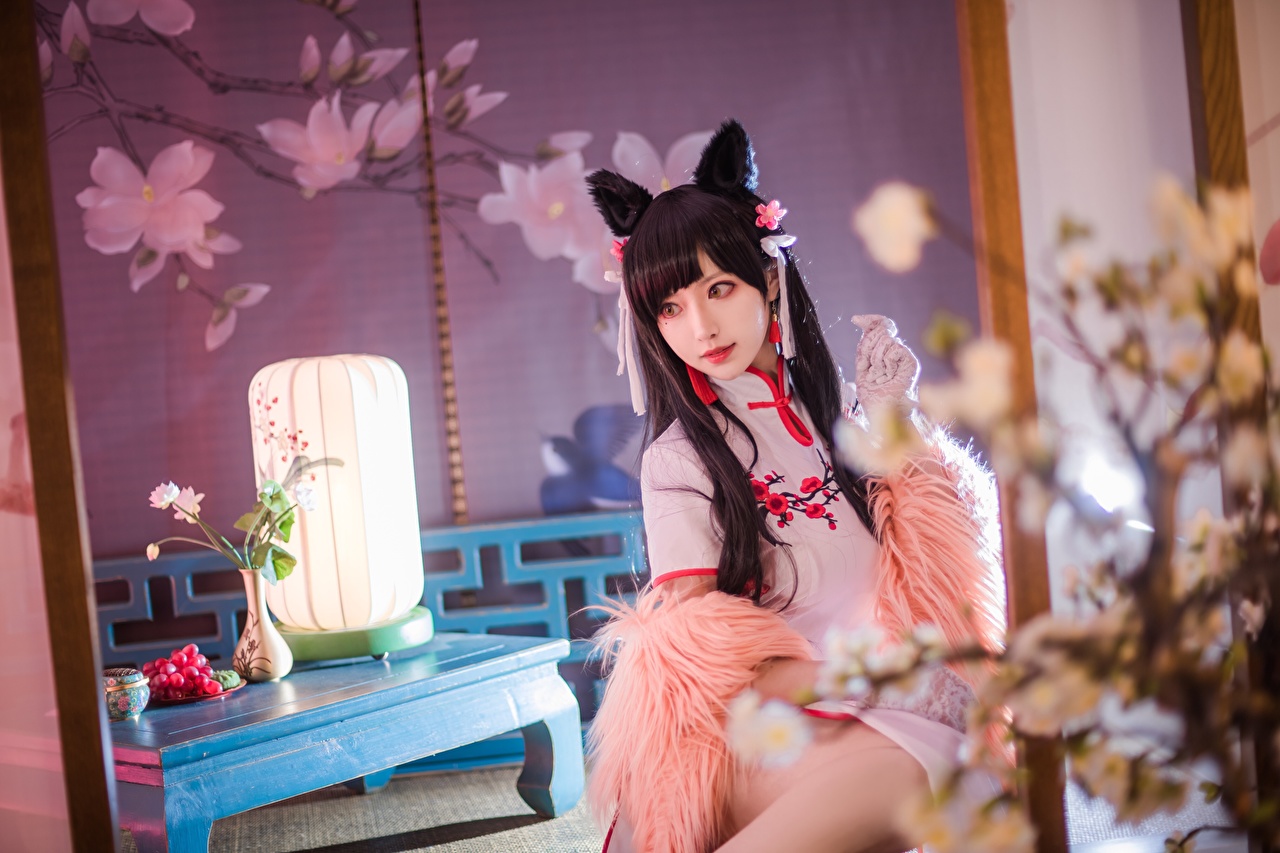 Desktop Wallpaper Brunette girl Japanese cosplayers blurred