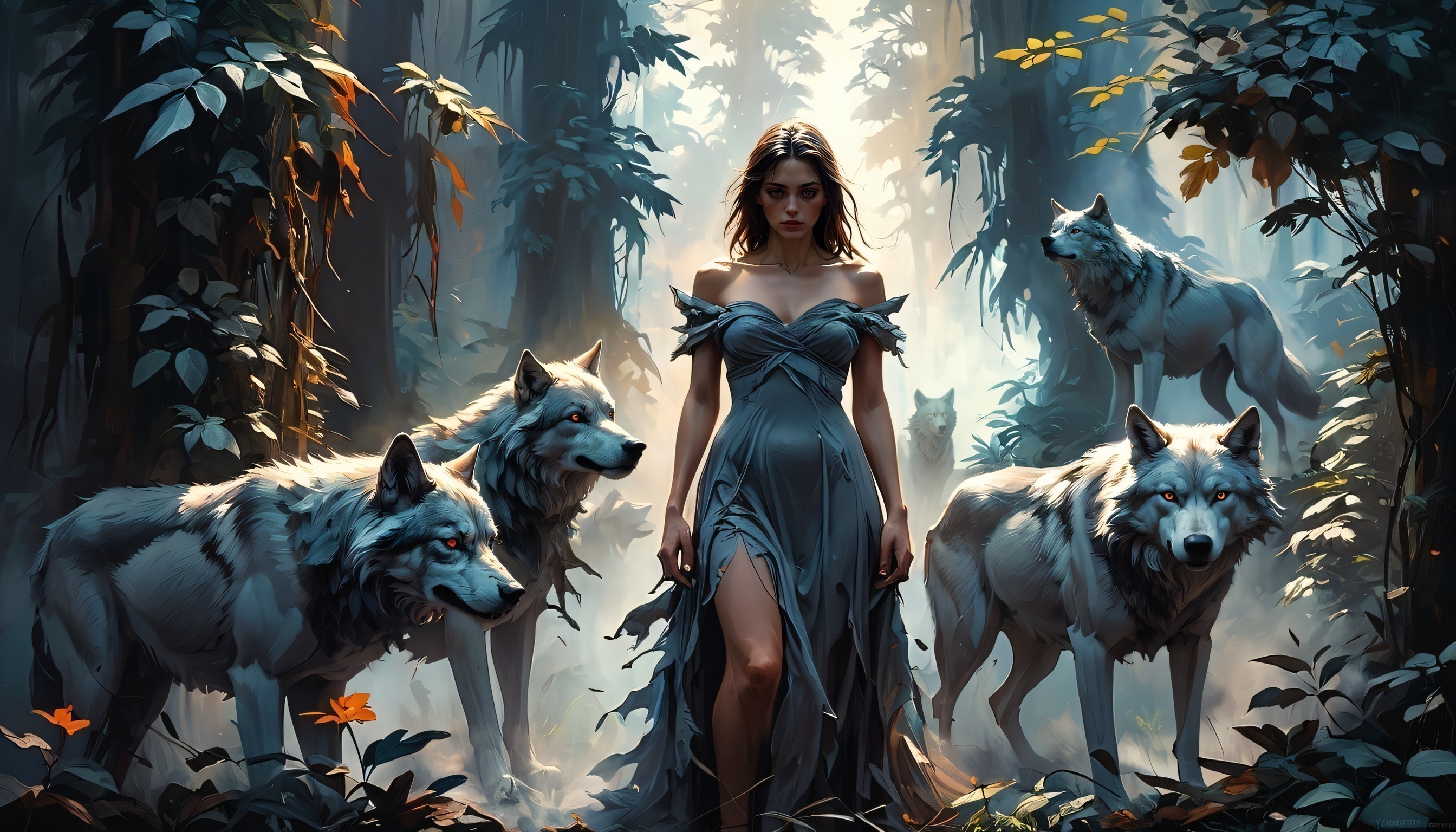 Wallpaper girl, fantasy, wolves, AI art for mobile and desktop, section ии арт, resolution 2688x1536