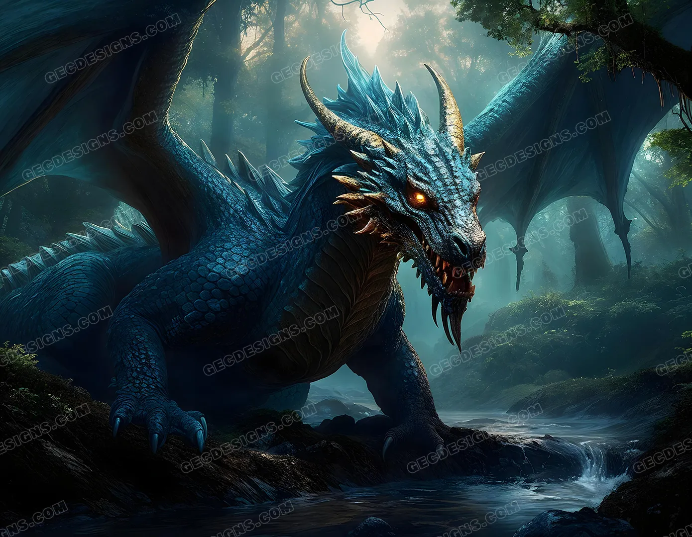 Fierce fantasy dragon in a dark forest wallpaper