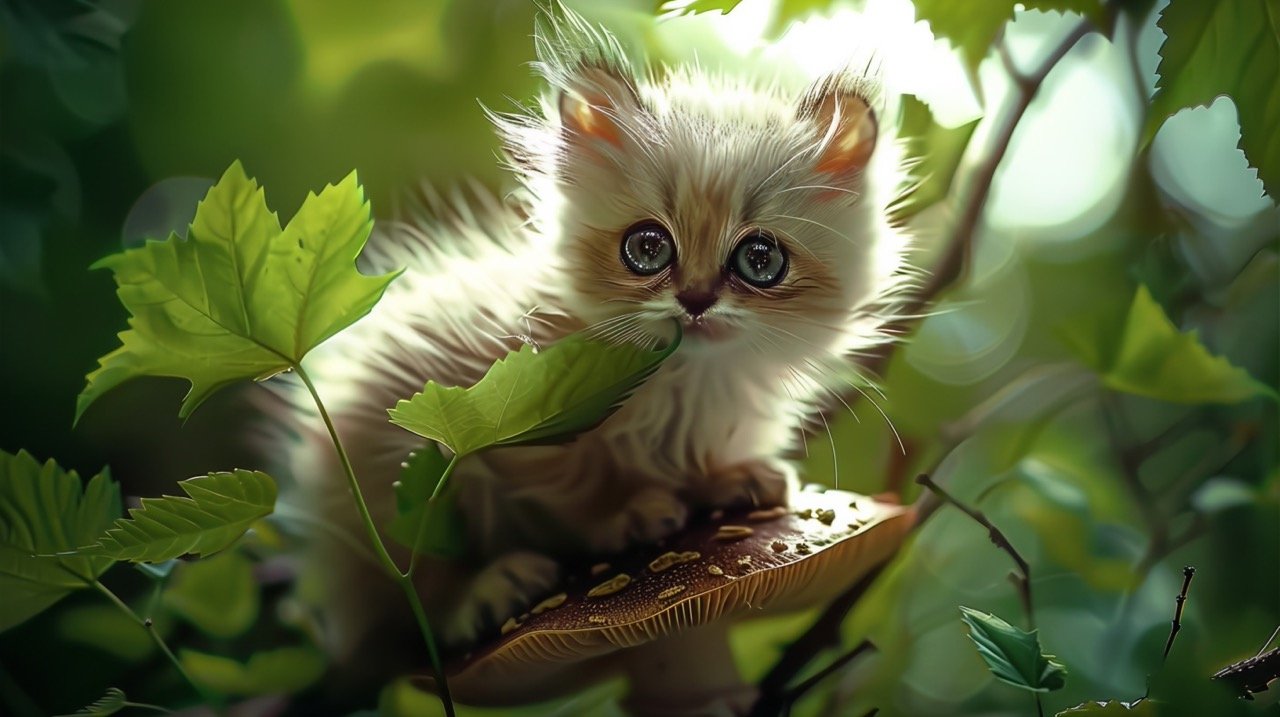 Fantasy Art Photograph Fluffy Magical Creature with Sparkling Eyes in Fairy Forest with Sun Rays