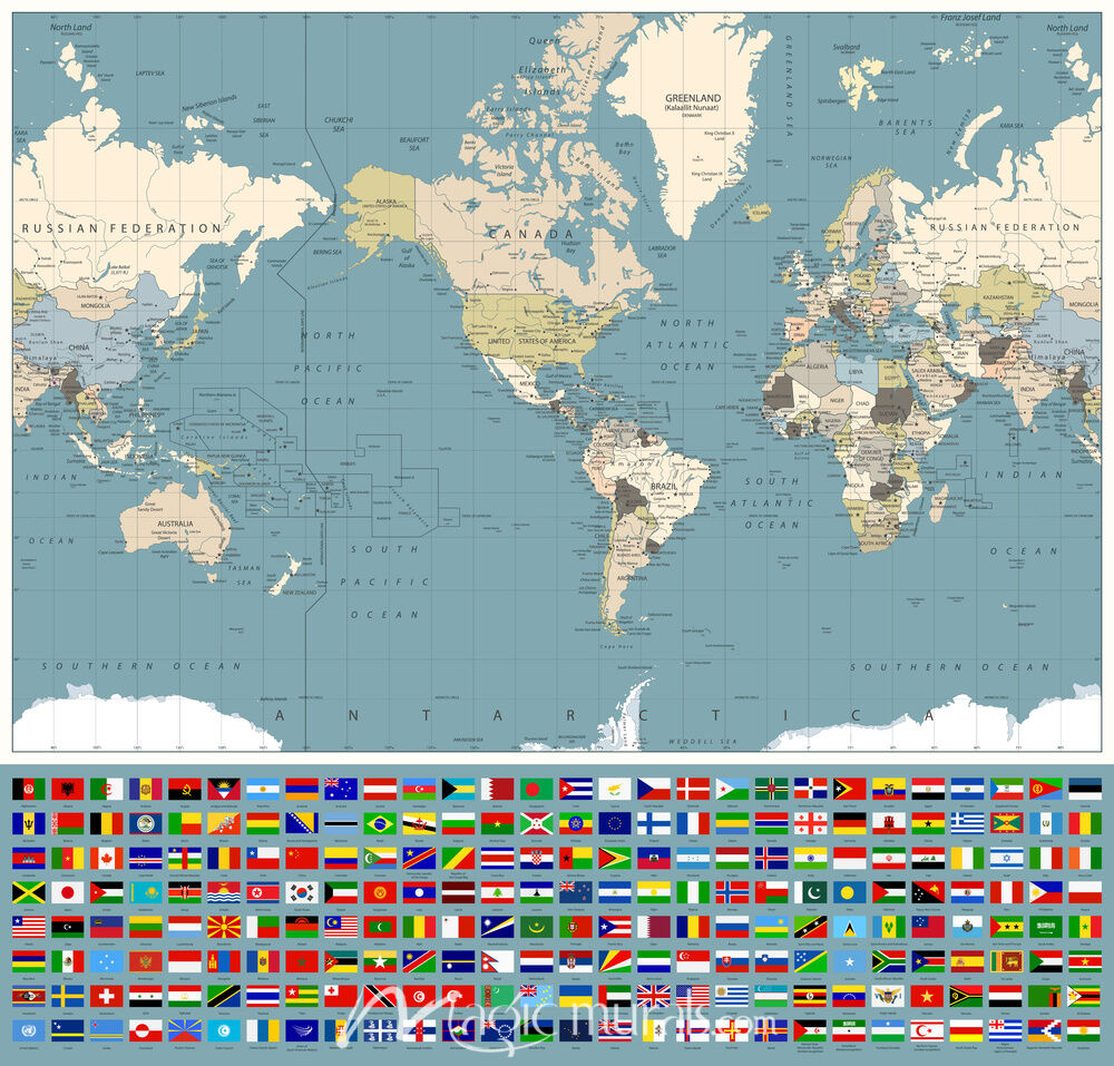 Americas Centered Wold Map With World Flags