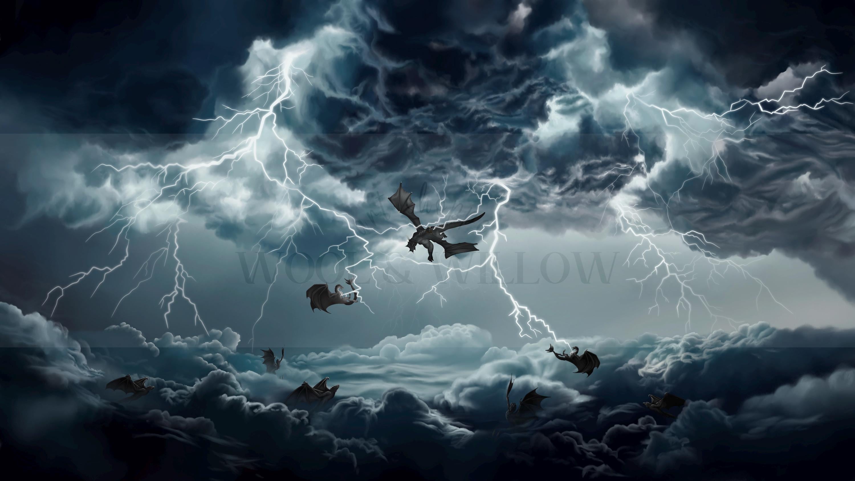 Fourth Wing inspired digital desktop wallpaper, Fantasy Dragon, 4K desktop wallpaper, hand drawn fantasy desktop wallpaper, lightning, storm