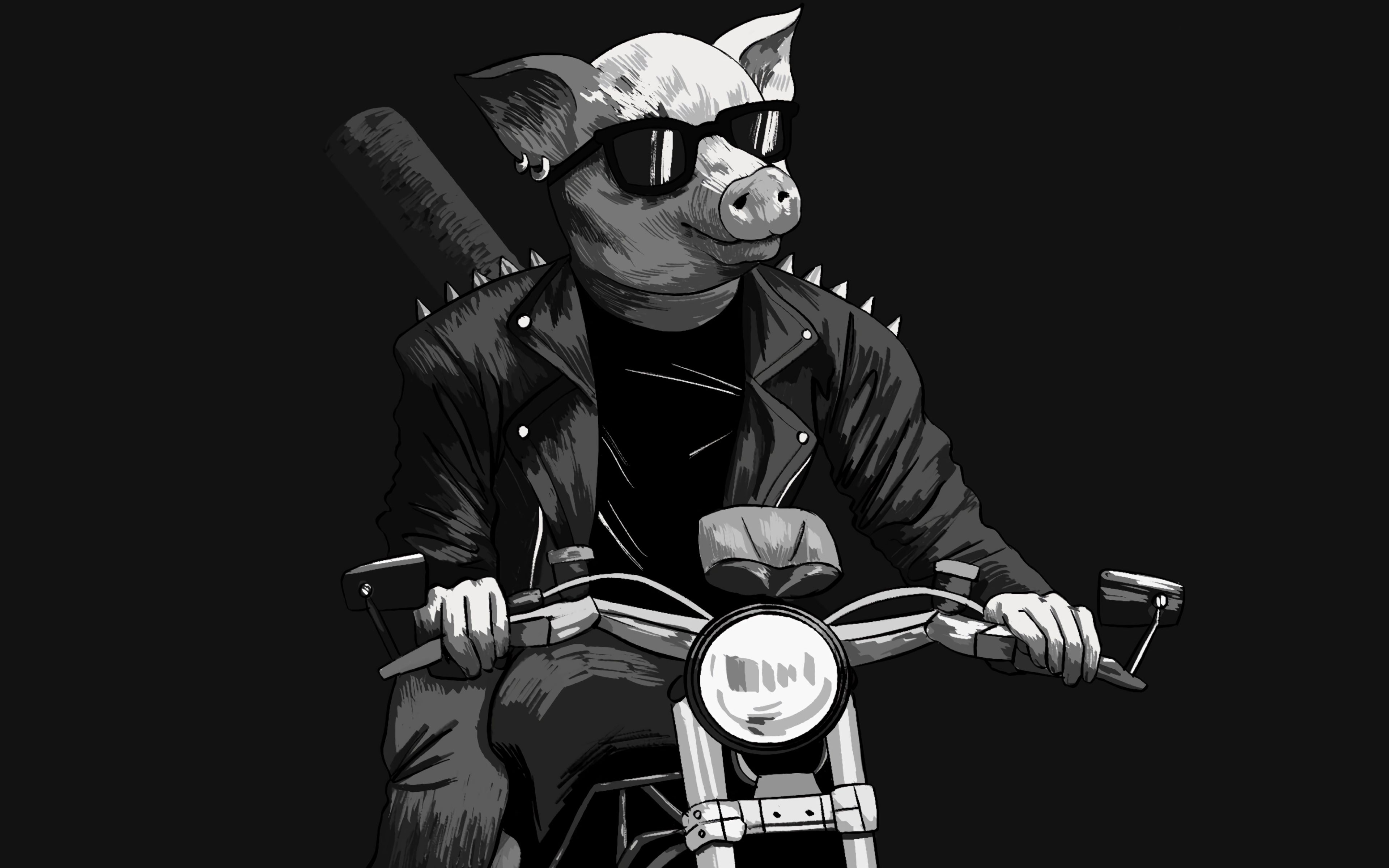 Download wallpaper 3840x2400 pig, sunglasses, biker, motorcycle, art, black and white 4k ultra HD 16:10 HD background