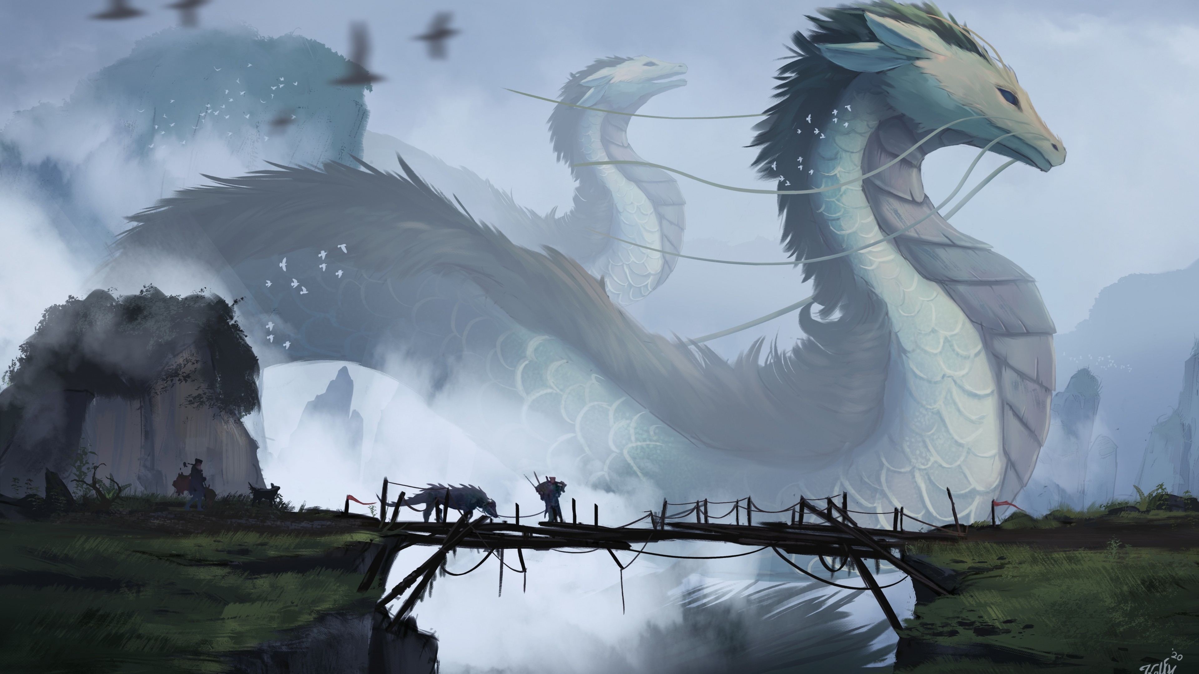 White dragons, wooden bridge [3840 x 2160]