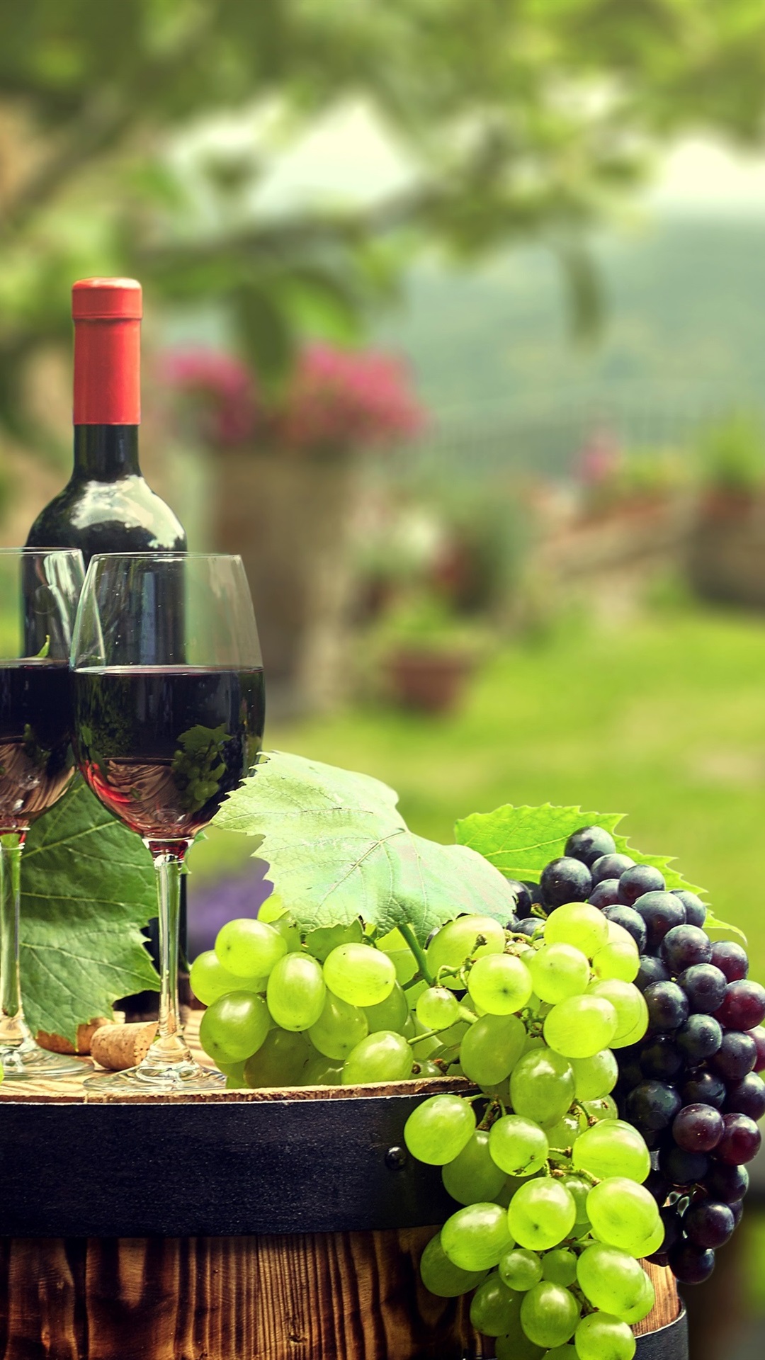 Grapes, Wine, Bottle, Glass Cups, Barrel, Blurry Background 1080x1920 IPhone 8 7 6 6S Plus Wallpaper, Background, Picture, Image
