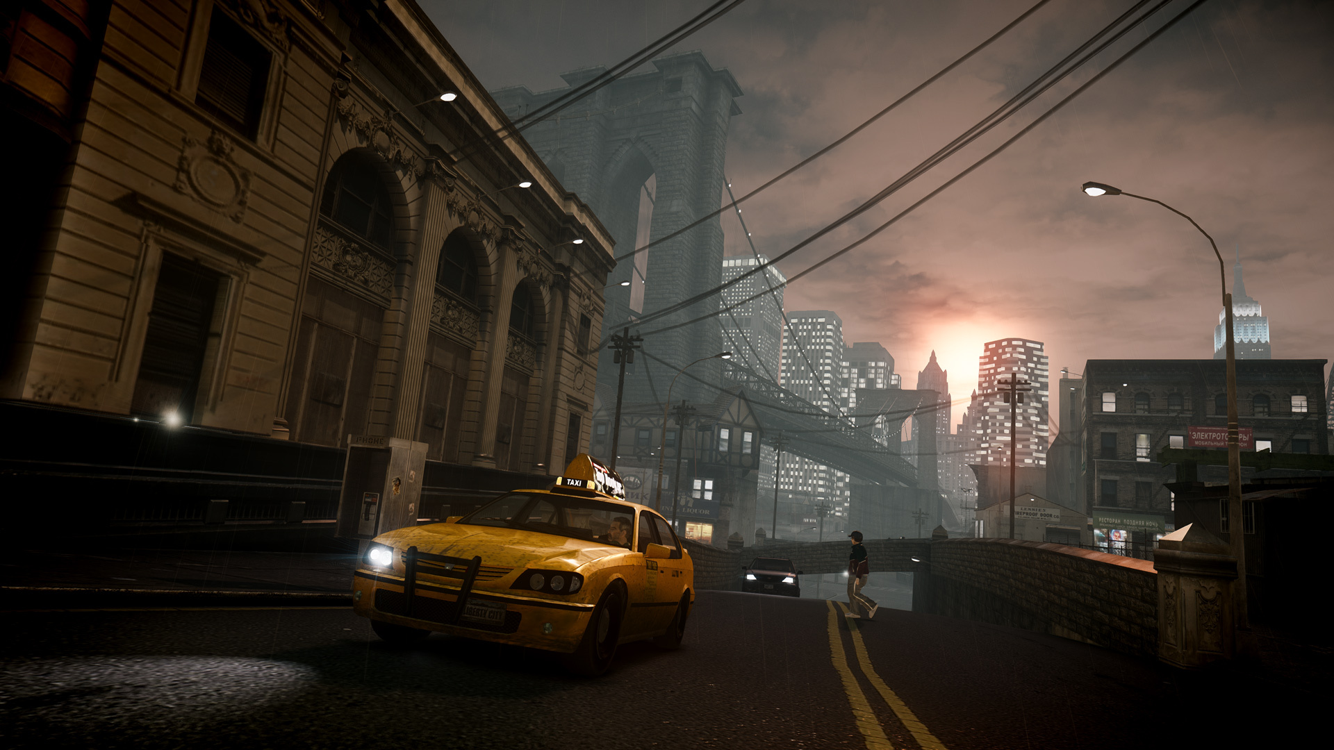 Wallpaper sunset, bridge, rain, the evening, taxi, New York, Grand Theft Auto IV for mobile and desktop, section игры, resolution 1920x1080