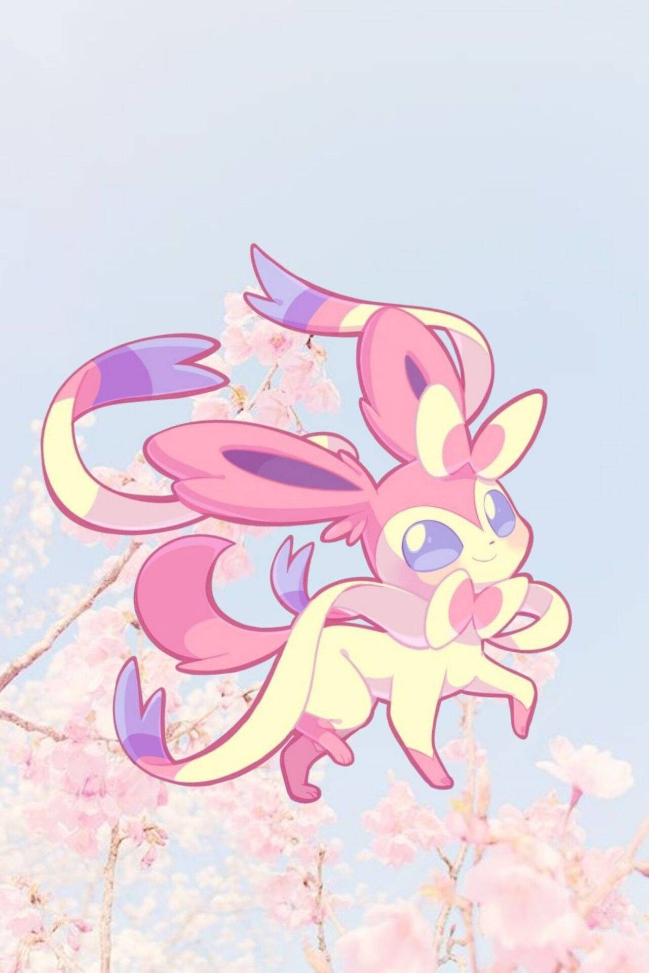Download A Sylveon Pokemon Surrounded by a Pink Sakura Phone Wallpaper