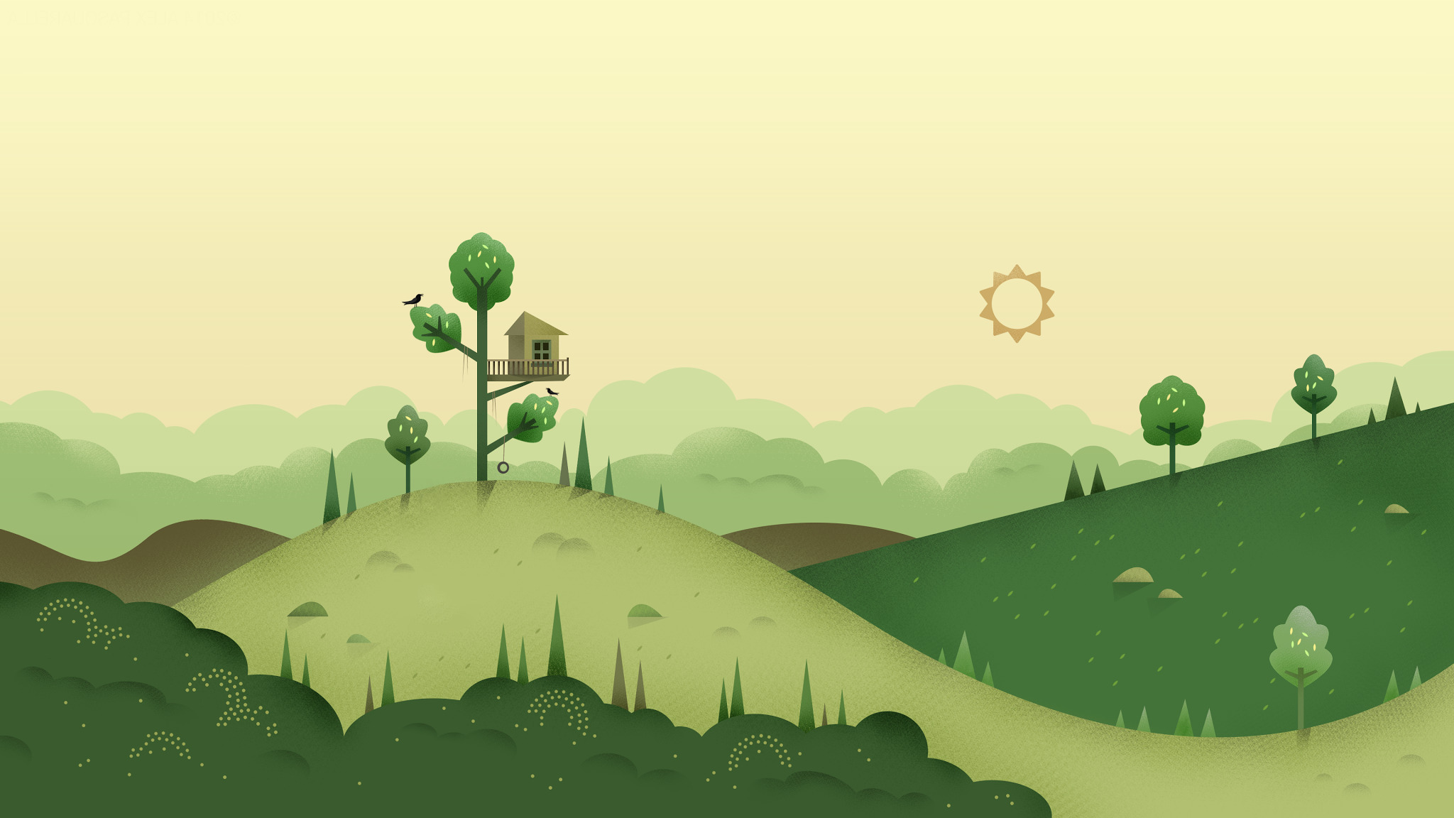 digital Art, Minimalism, Nature, Hill, Trees, Sun, Birds, House Wallpaper HD / Desktop and Mobile Background