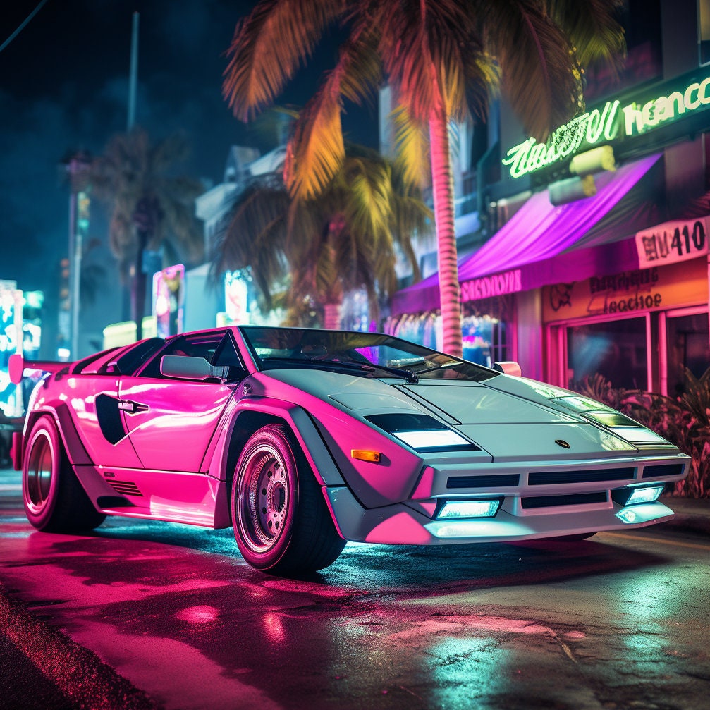 1980s Miami Neon W/ Lamborghini Countach 4 Pack Digital Wallpaper Set