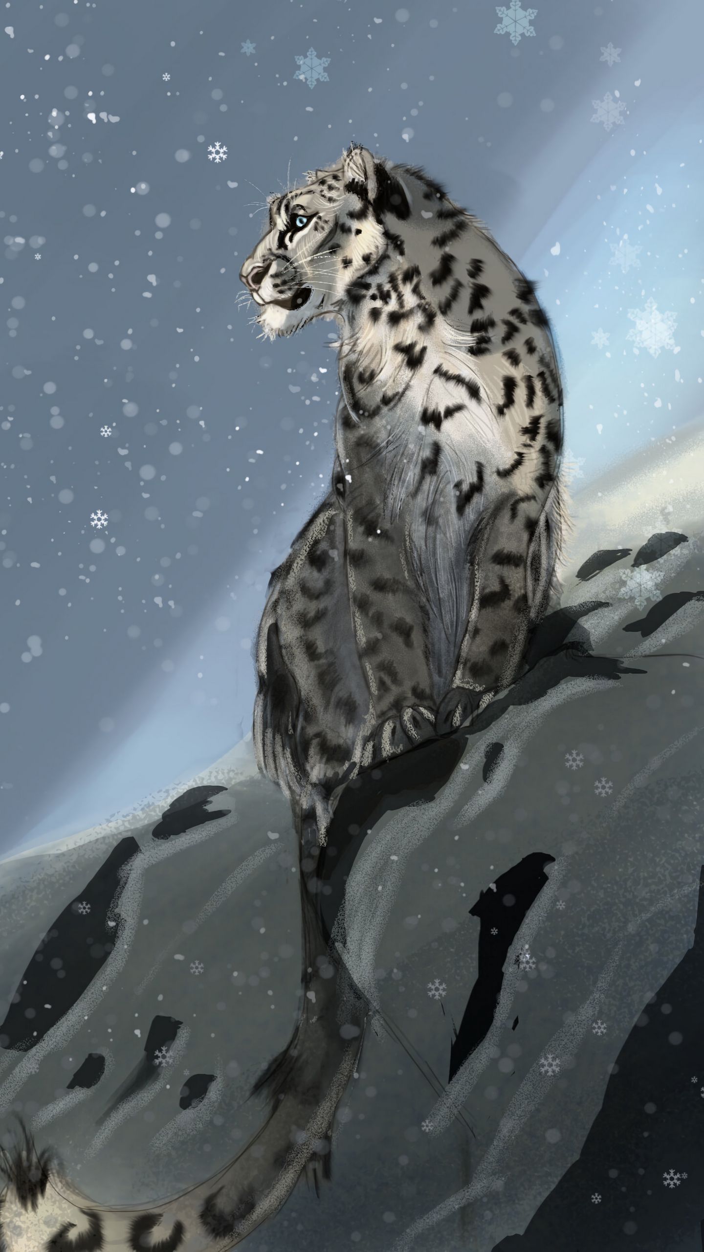 Download wallpaper 1440x2560 snow leopard, predator, snow, snowflakes, winter, art qhd samsung galaxy s6, s7, edge, note, lg g4 HD background
