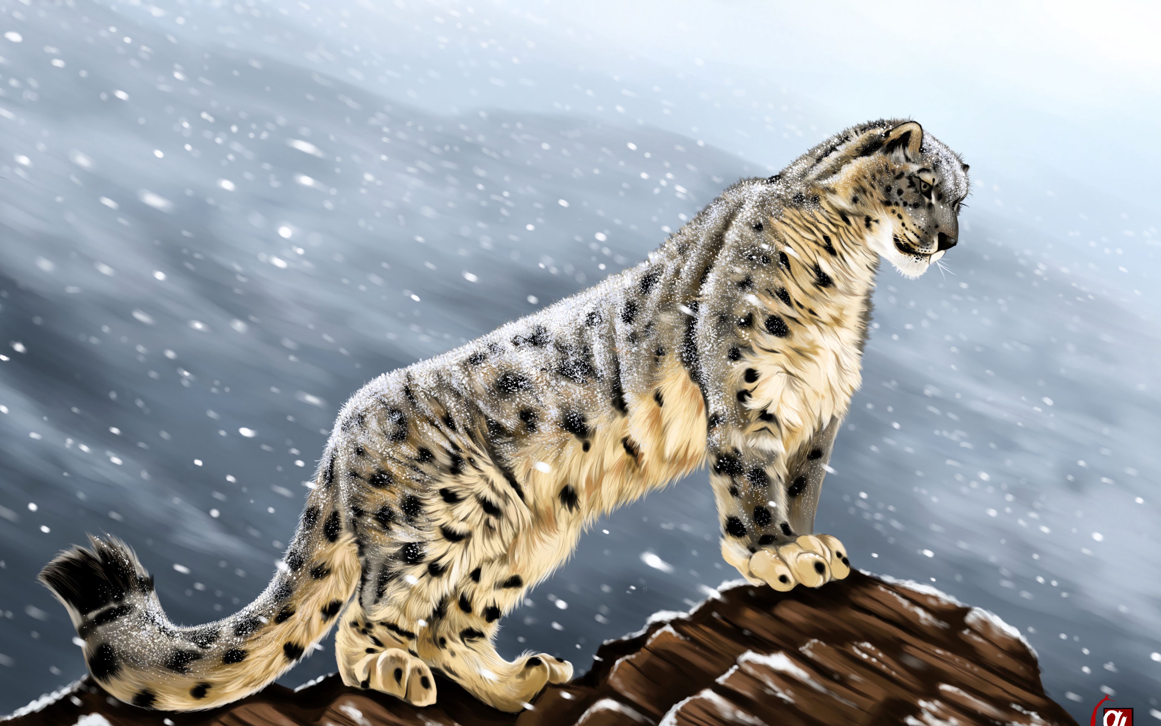 Download wallpaper 3840x2400 snow leopard, big cat, predator, glance, stones, art 4k ultra HD 16:10 HD background