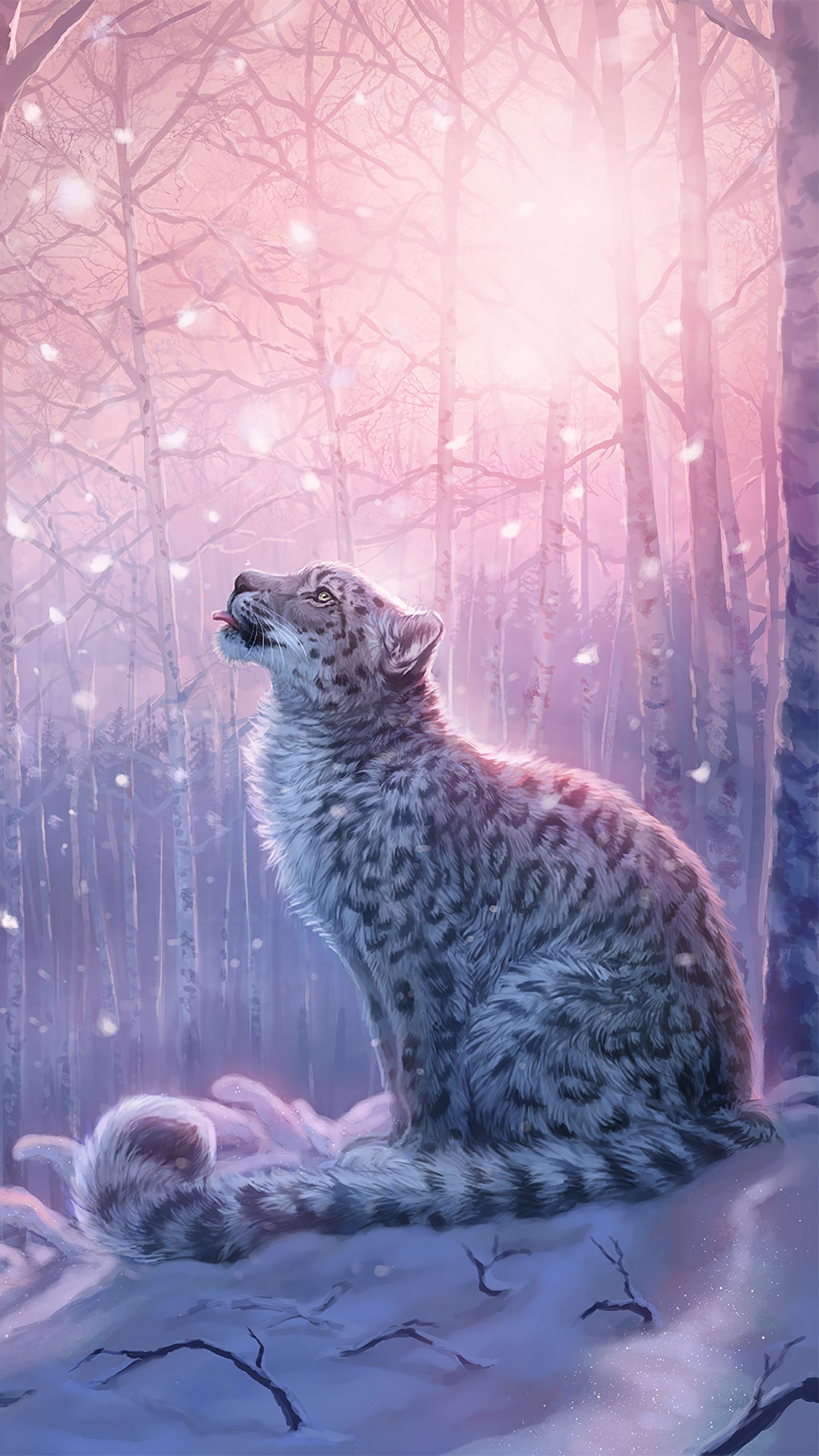 Download wallpaper 1440x2560 leopard, art, snow leopard, forest, snow qhd samsung galaxy s6, s7, edge, note, lg g4 HD background