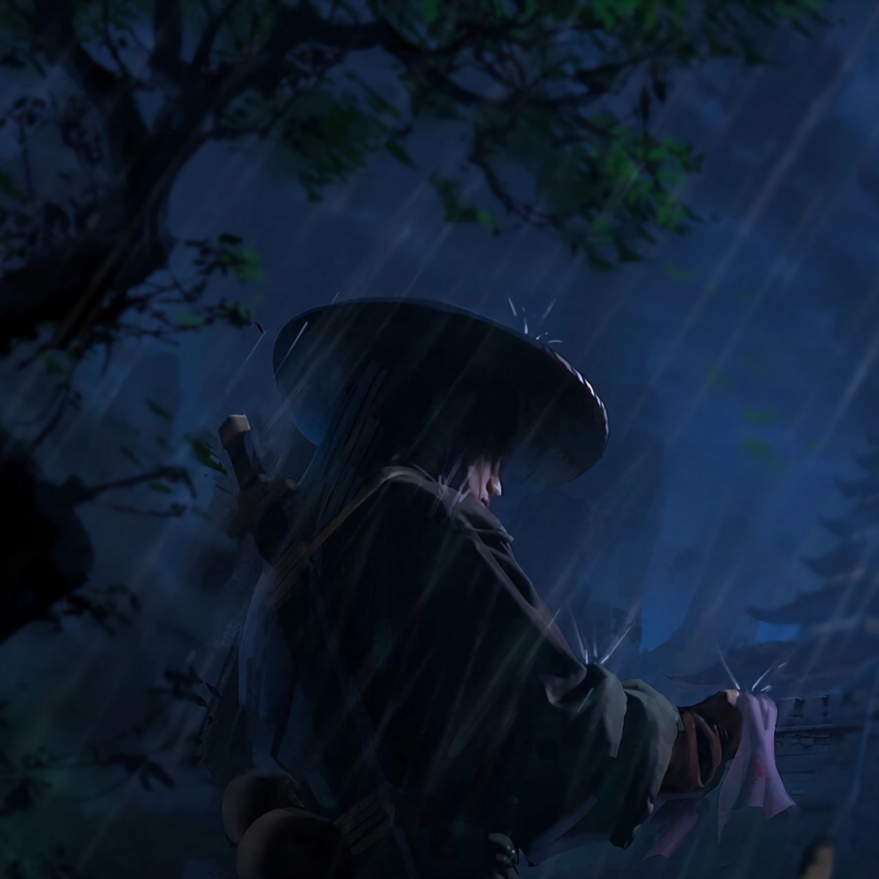 Download wallpaper 1280x1280 samurai, warrior, katana, rain, art, dark ipad, ipad 2, ipad mini for parallax HD background