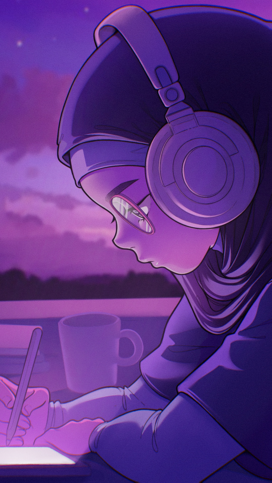 Lofi girl Wallpaper 4K, Listening music, Purple aesthetic