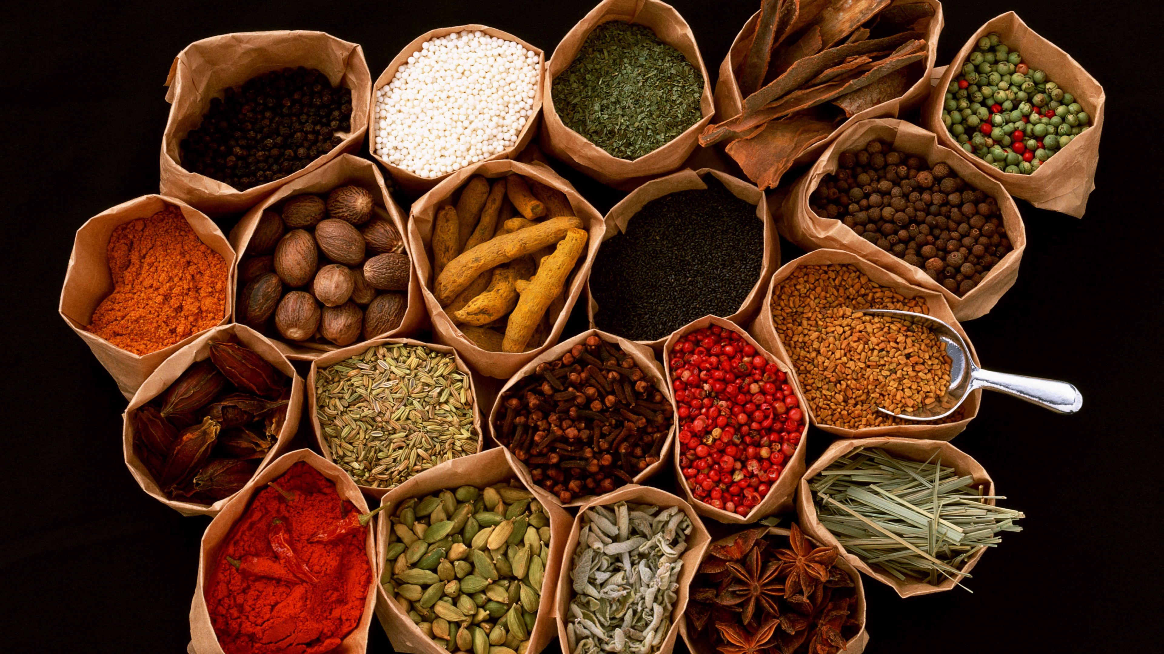 Download wallpaper 3840x2160 spices, seasonings, additives, bags, black background 4k uhd 16:9 HD background