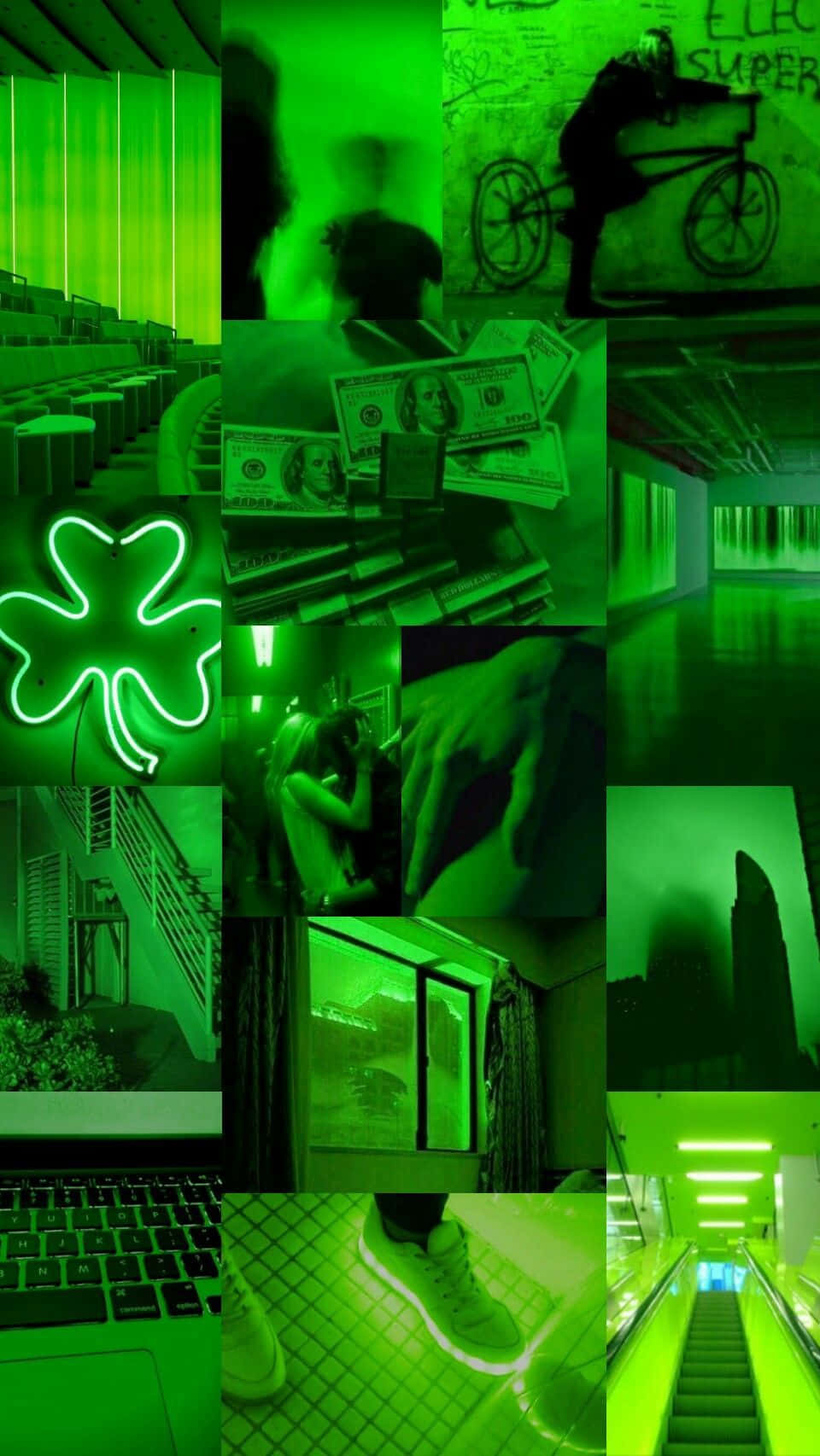 Download Green Collage Neon Light Clover Money Wallpaper