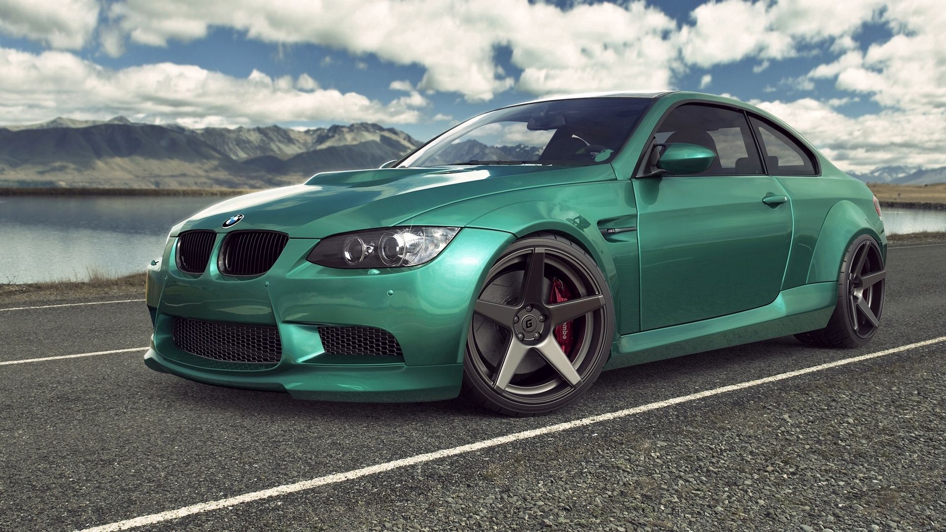 Download wallpaper 1920x1080 bmw, m3, e92, auto, car, green, road, sky, clouds HD background