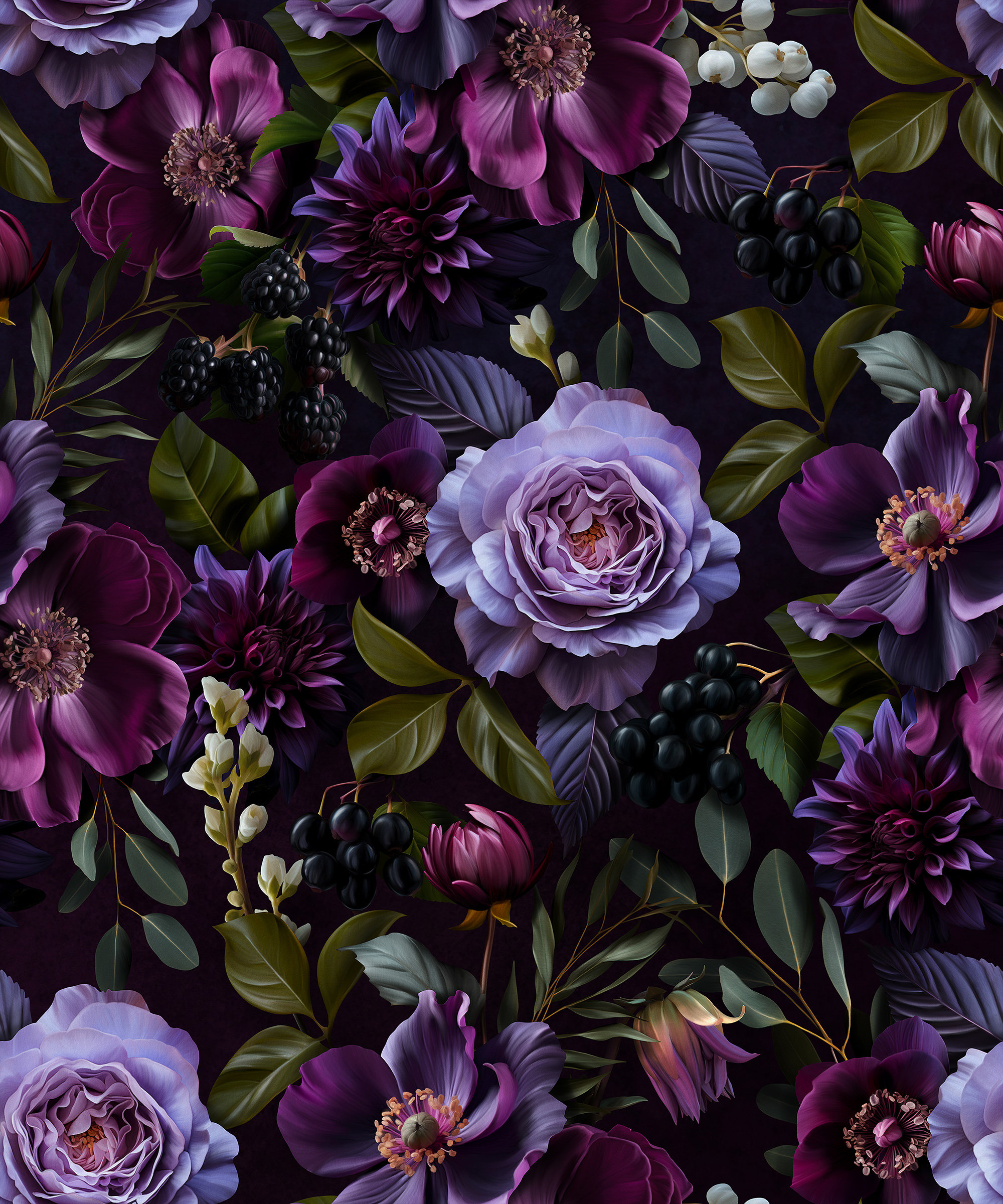 Lark Manor™ Moody Gothic Dark Floral Luxury Wallpaper Peel And Stick Purple Flowers On Black Background Wallpaper