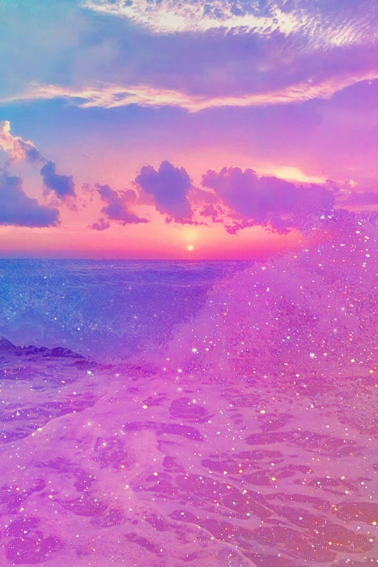 Download Pink Beach Sunset With Shimmering Waves Wallpaper