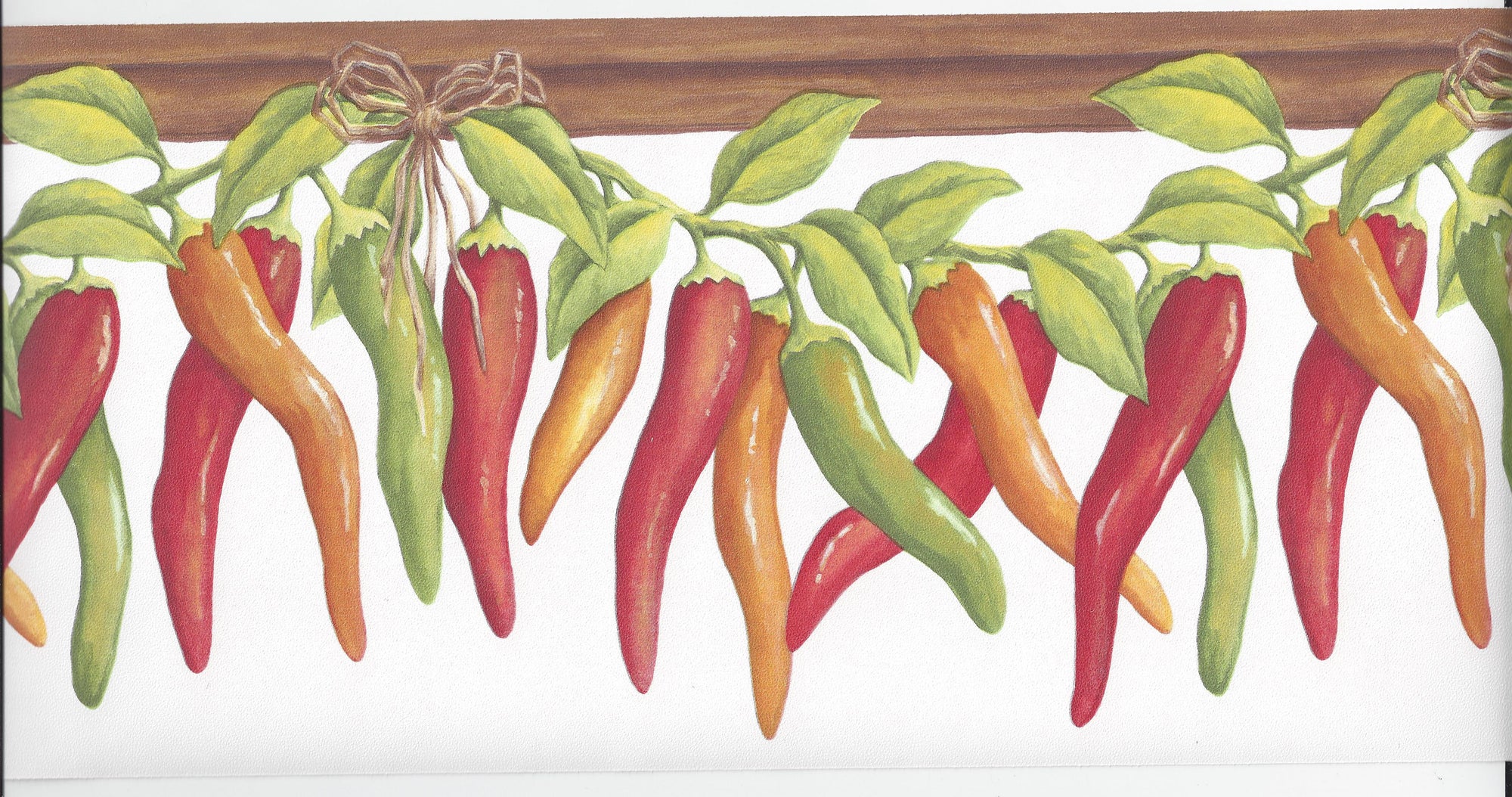 Mexican Chili Peppers on the Vine on White Wallpaper Border