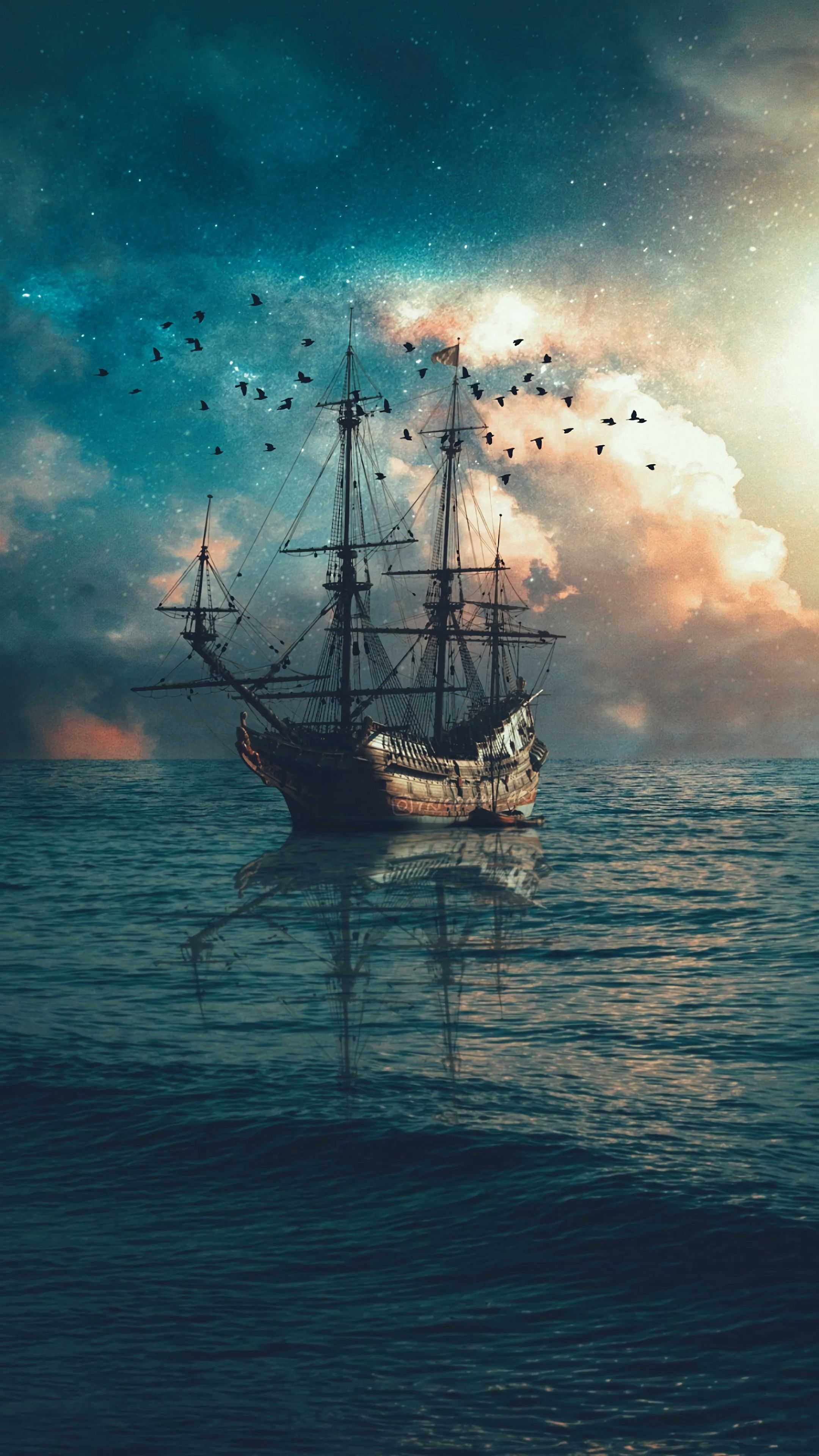 Download wallpaper 2160x3840 ship, sea, waves, birds, twilight HD background