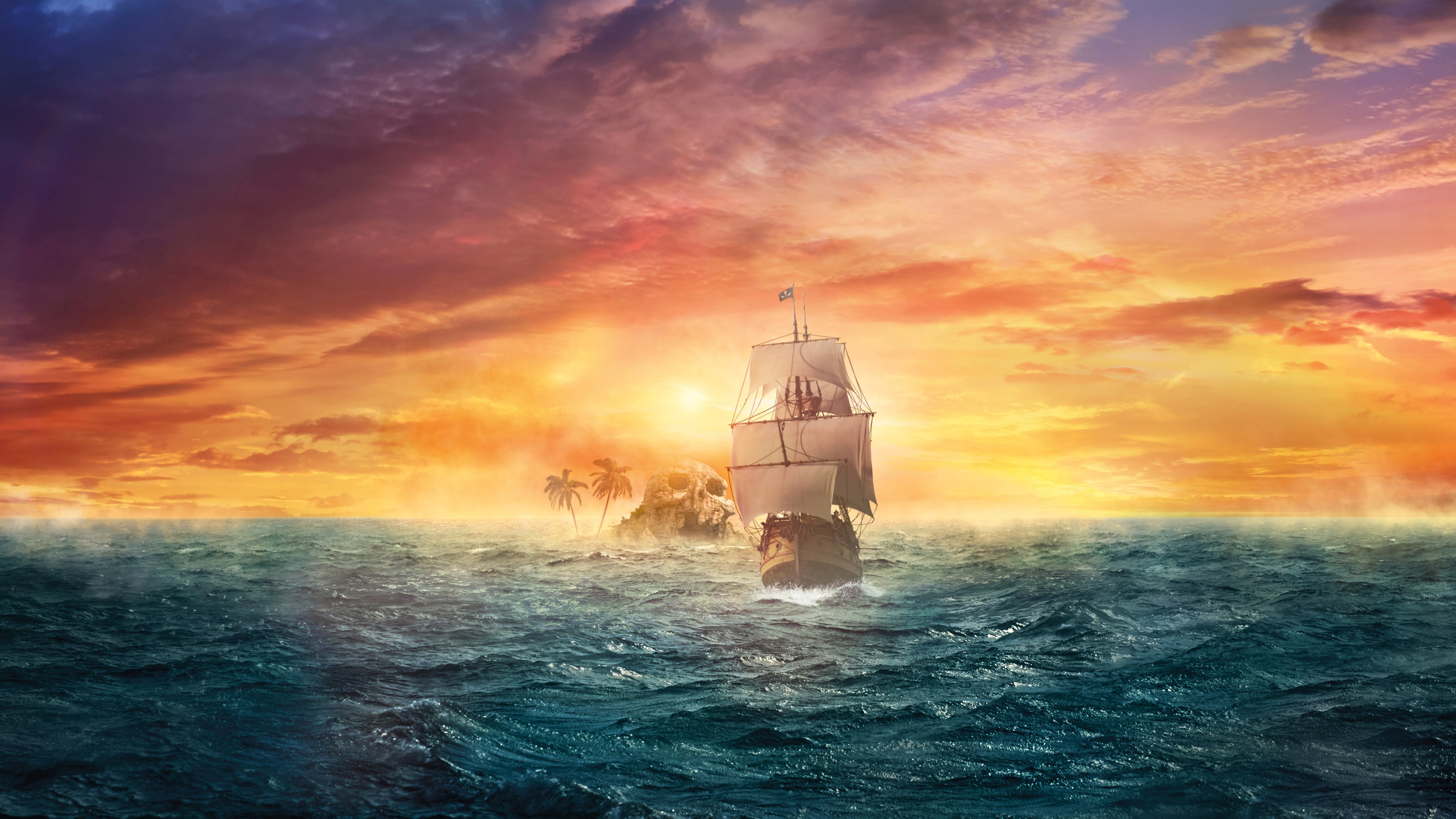 Wallpaper sea, the sky, sunset, fiction, the ocean, ship, island, sailboat for mobile and desktop, section фантастика, resolution 3840x2160