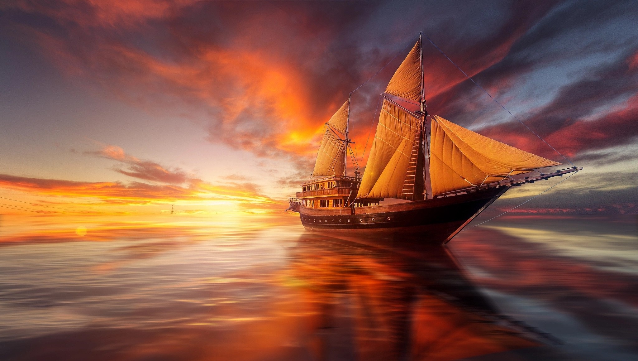 Wallpaper Brown Sail Boat on Body of Water During Sunset, Background Free Image