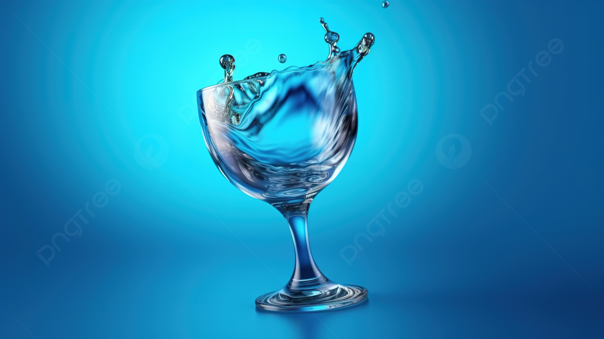 Realistic Illustration Of A Water Droplet Splashing Into A Glass Goblet On A Blue Background, Empty Glass, Cold Water, Glass Cup Background Image And Wallpaper for Free Download