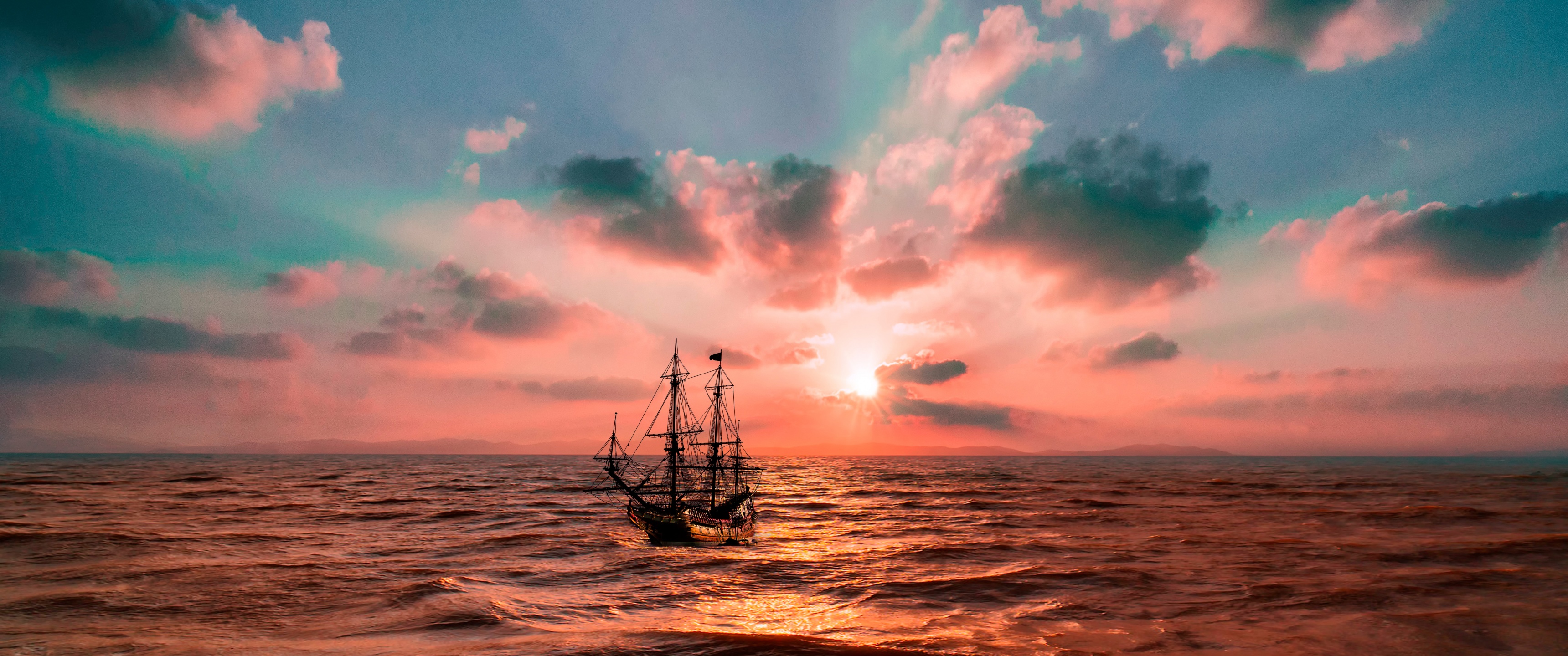 Sunset Wallpaper 4K, Ocean, Boat, Seascape, Dusk