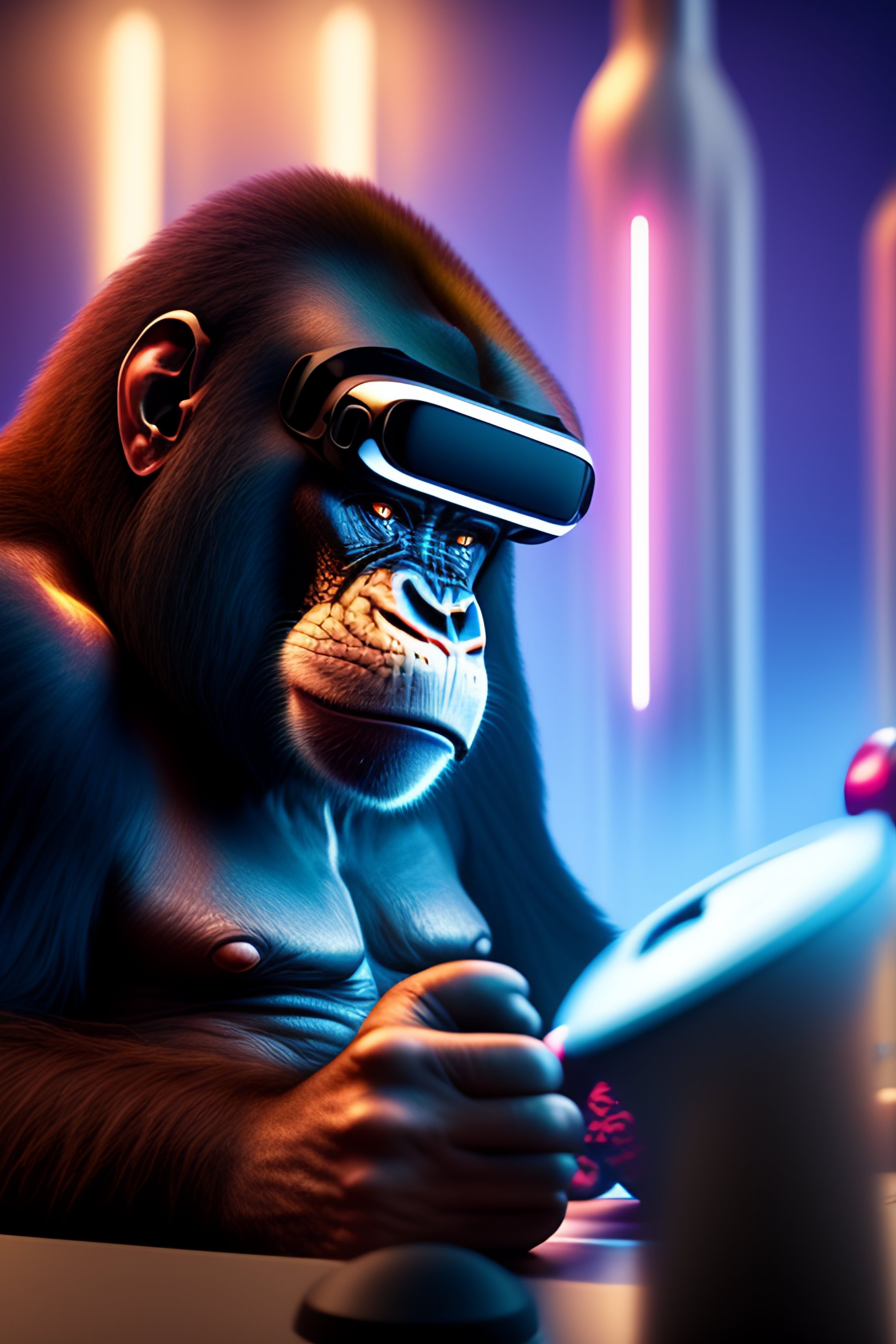A realistic image of bored ape from bayc wearing futuristic VR