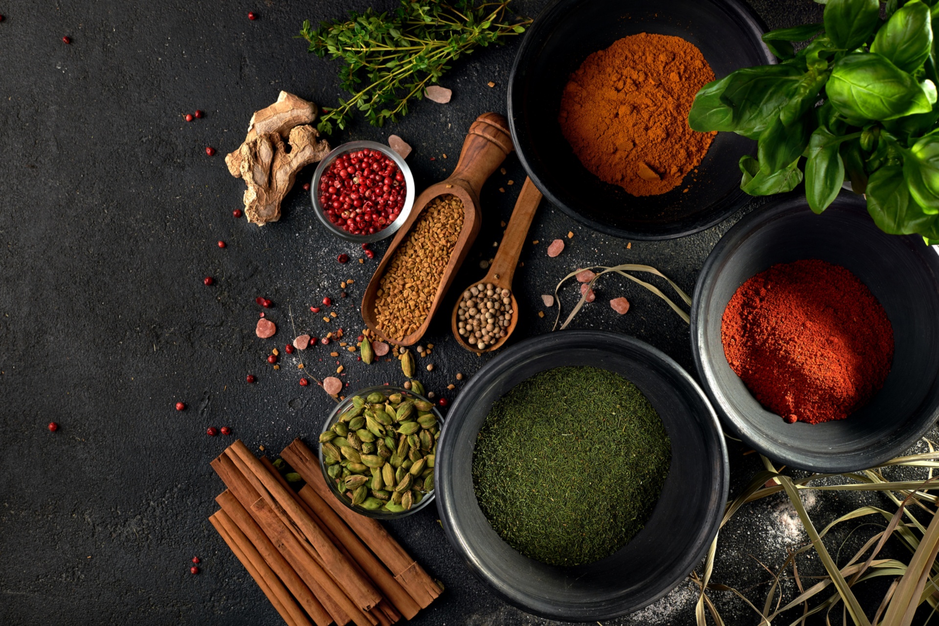Wallpaper pepper, cinnamon, spices, ginger, cardamom, paprika, coriander, Basil for mobile and desktop, section еда, resolution 1920x1281