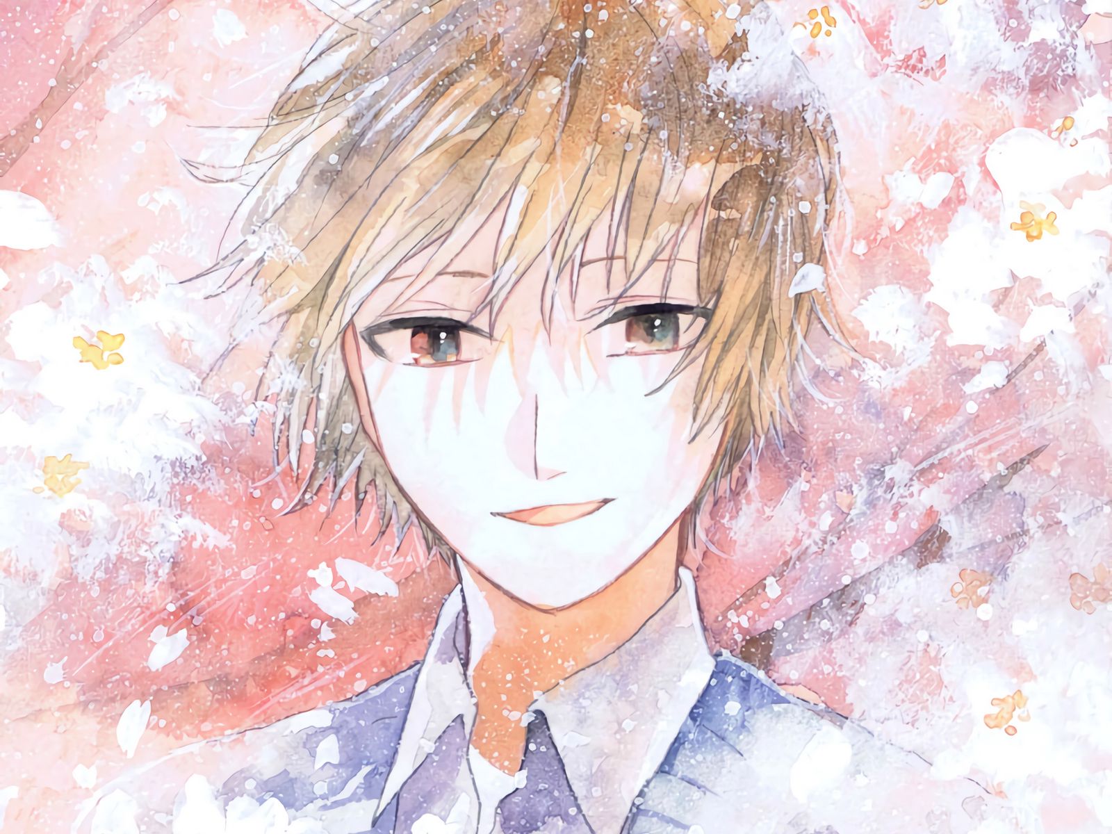 Download wallpaper 1600x1200 guy, smile, flowers, watercolor, anime, art standard 4:3 HD background