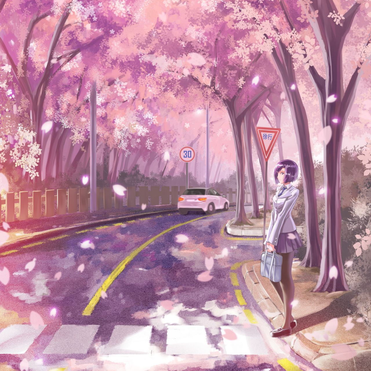 Download wallpaper 1280x1280 girl, road, transition, sakura, live, anime, art ipad, ipad 2, ipad mini for parallax HD background