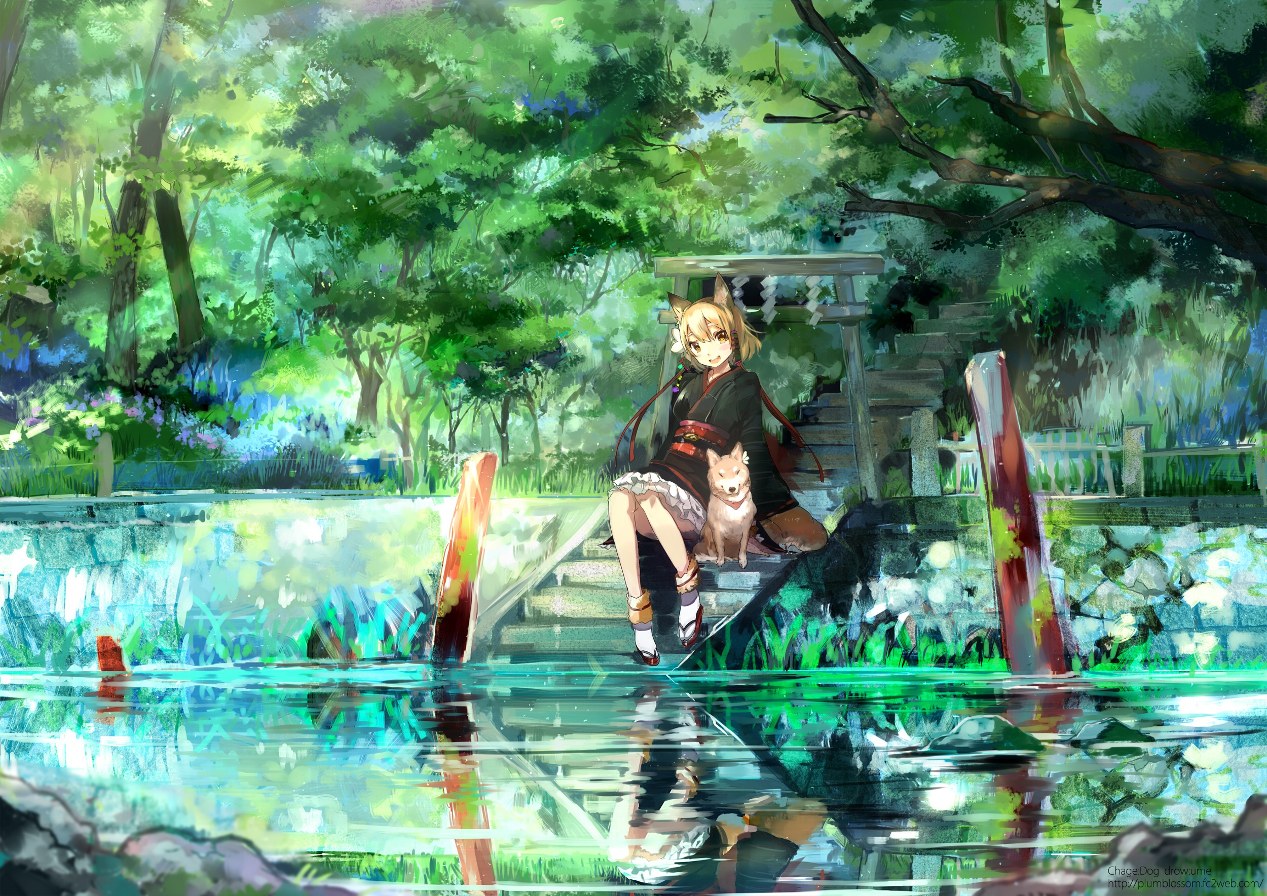 water, Dogs, Nekomimi, Animal, Ears, Anime, Lakes, Anime, Girls Wallpaper HD / Desktop and Mobile Background