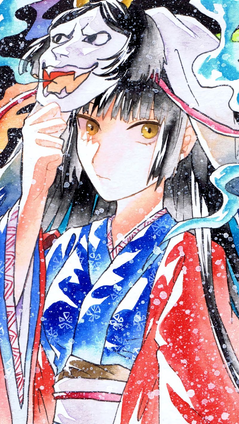 Download Wallpaper 800x1420 Girl, Mask, Kimono, Watercolor, Anime Iphone Se 5s 5c 5 For Parallax HD Background