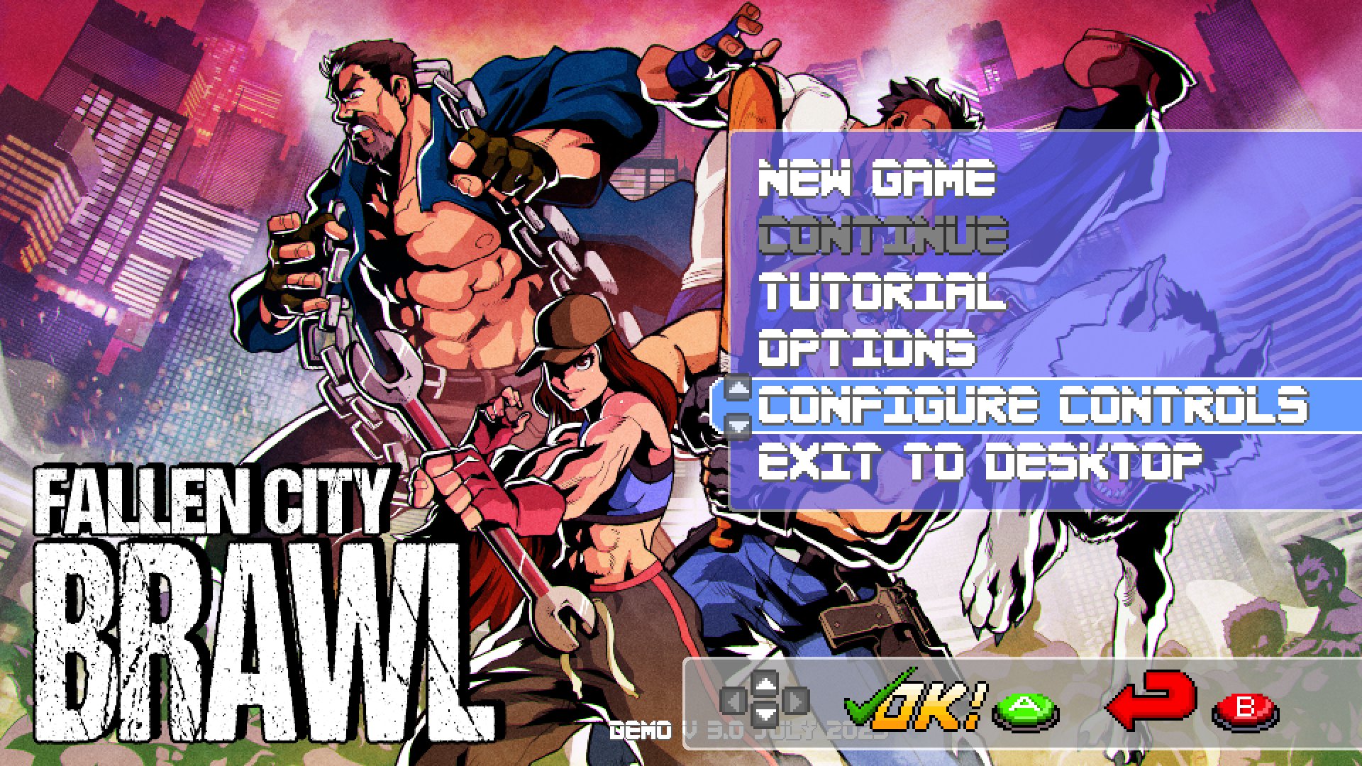 Mike.. Fallen City Brawl improvement in the latest Fallen City Brawl demo is fully configurable controls using keys, or gamepad. Also improvements to handling gamepad connections including